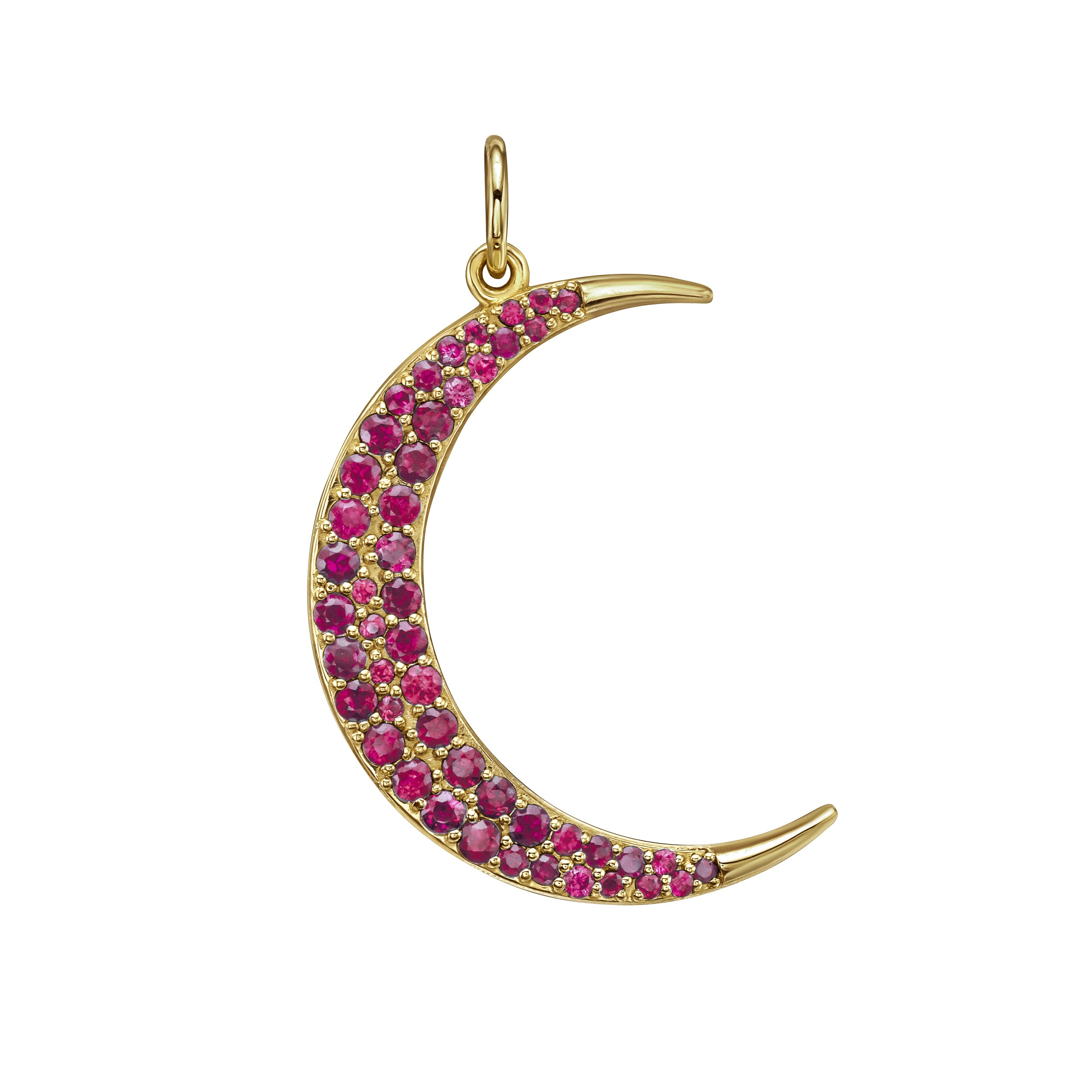 Close-up of gold moon pendant set with vibrant rubies
