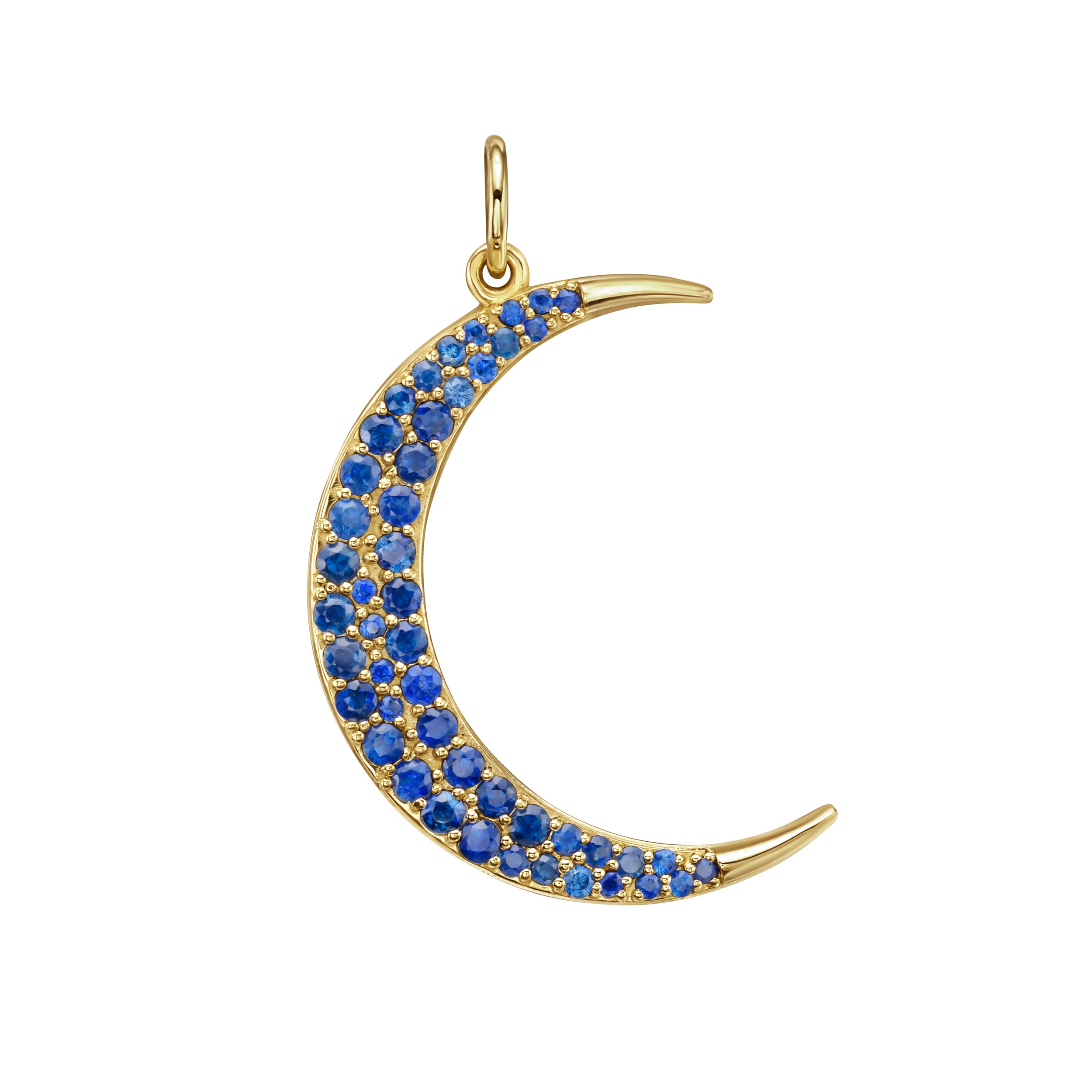 Close-up of gold crescent moon pendant with pavé sapphire stones