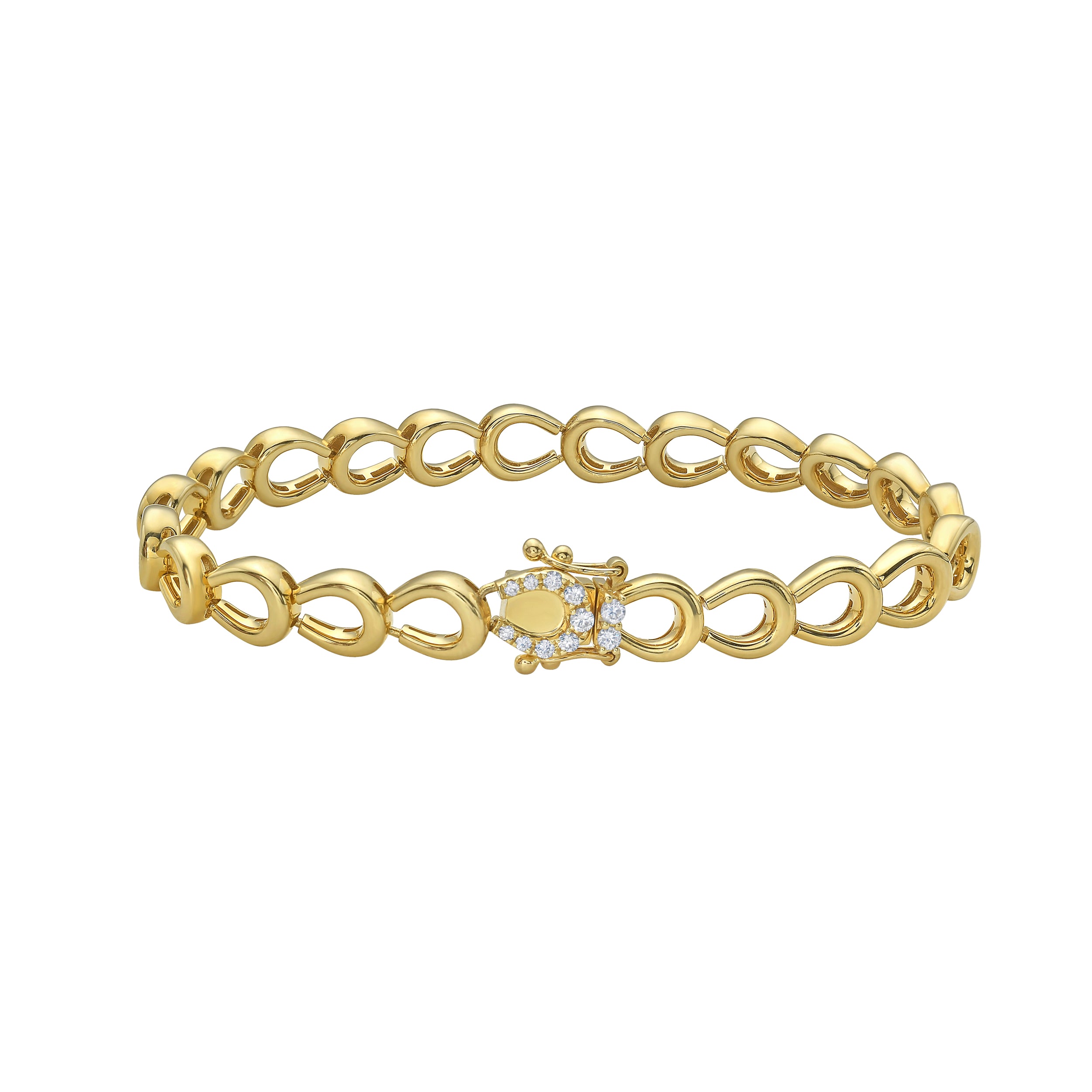 Gold horseshoe and diamond bracelet on a white background