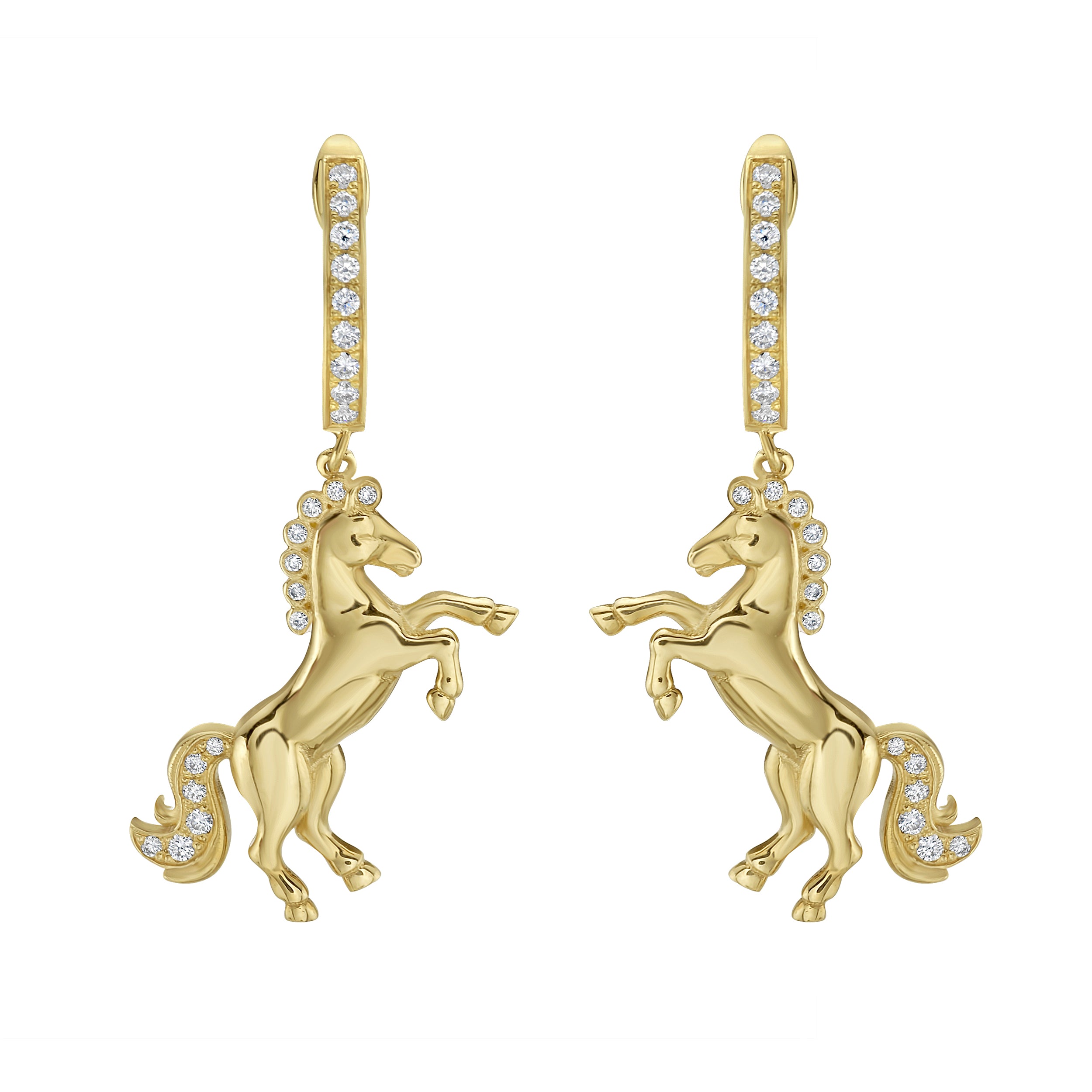 a pair of 18k gold and diamond horse earrings