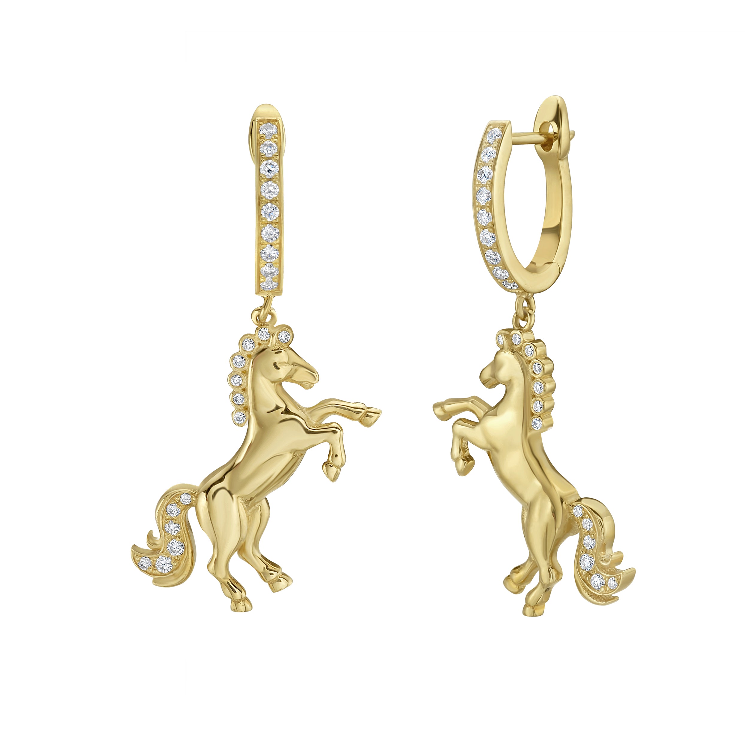 A pair of 18-karat yellow gold dangle earrings featuring a prancing horse design with diamond accents.