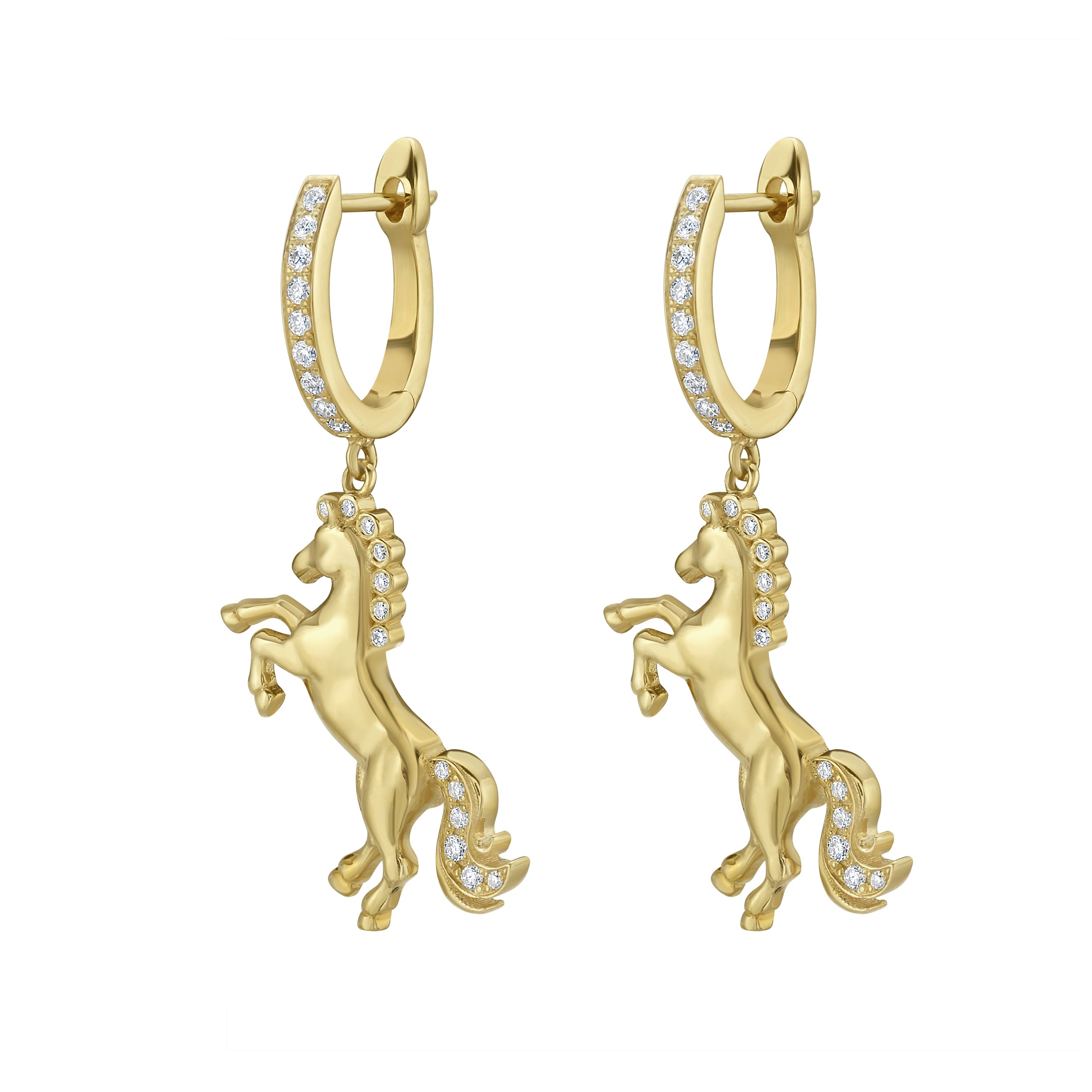 a pair of 18k gold diamond horse earrings