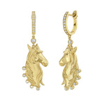 A pair of 18-karat yellow gold horse dangle earrings with diamond bezels, featuring latch back closures.
