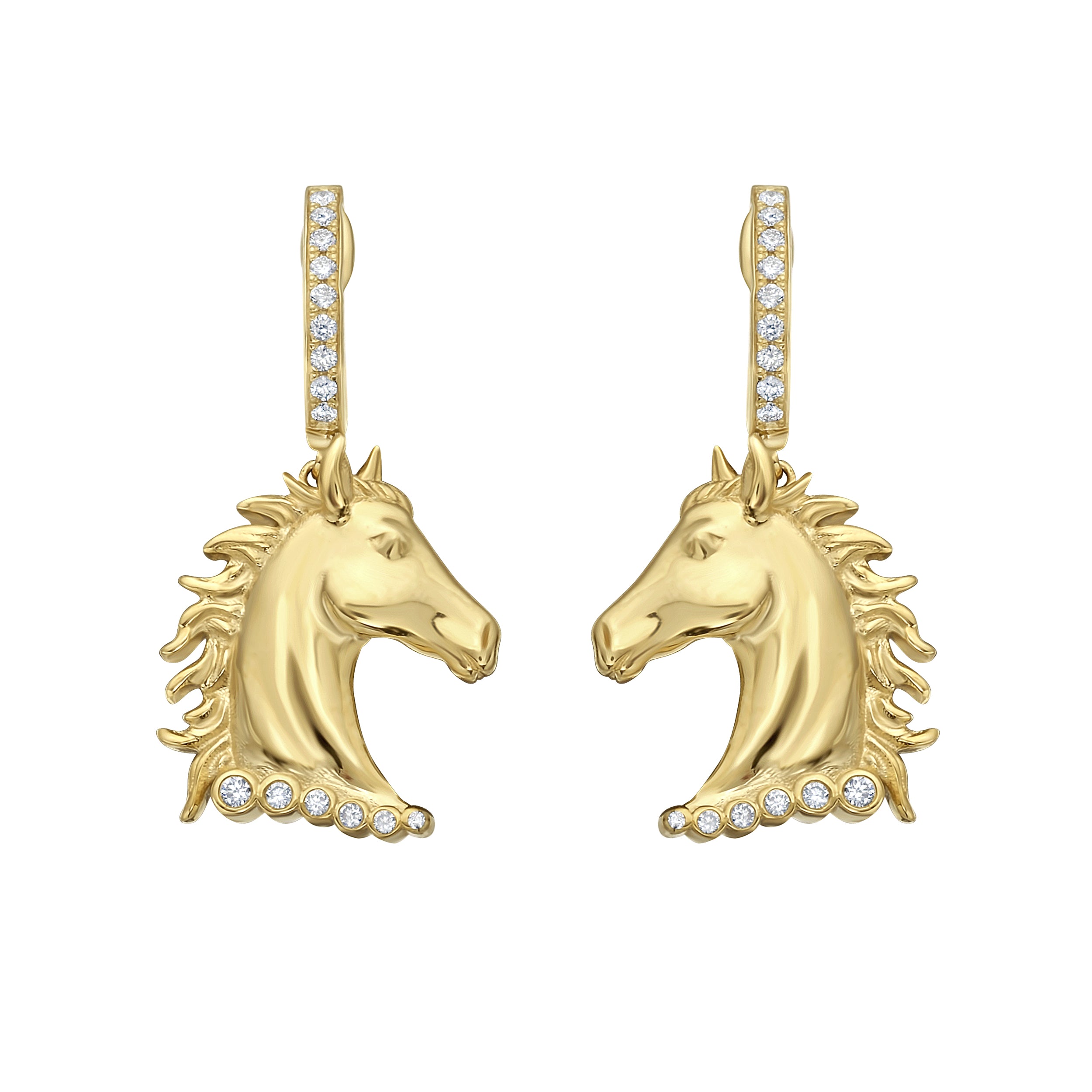 a pair of 18k gold and diamond horse head earrings