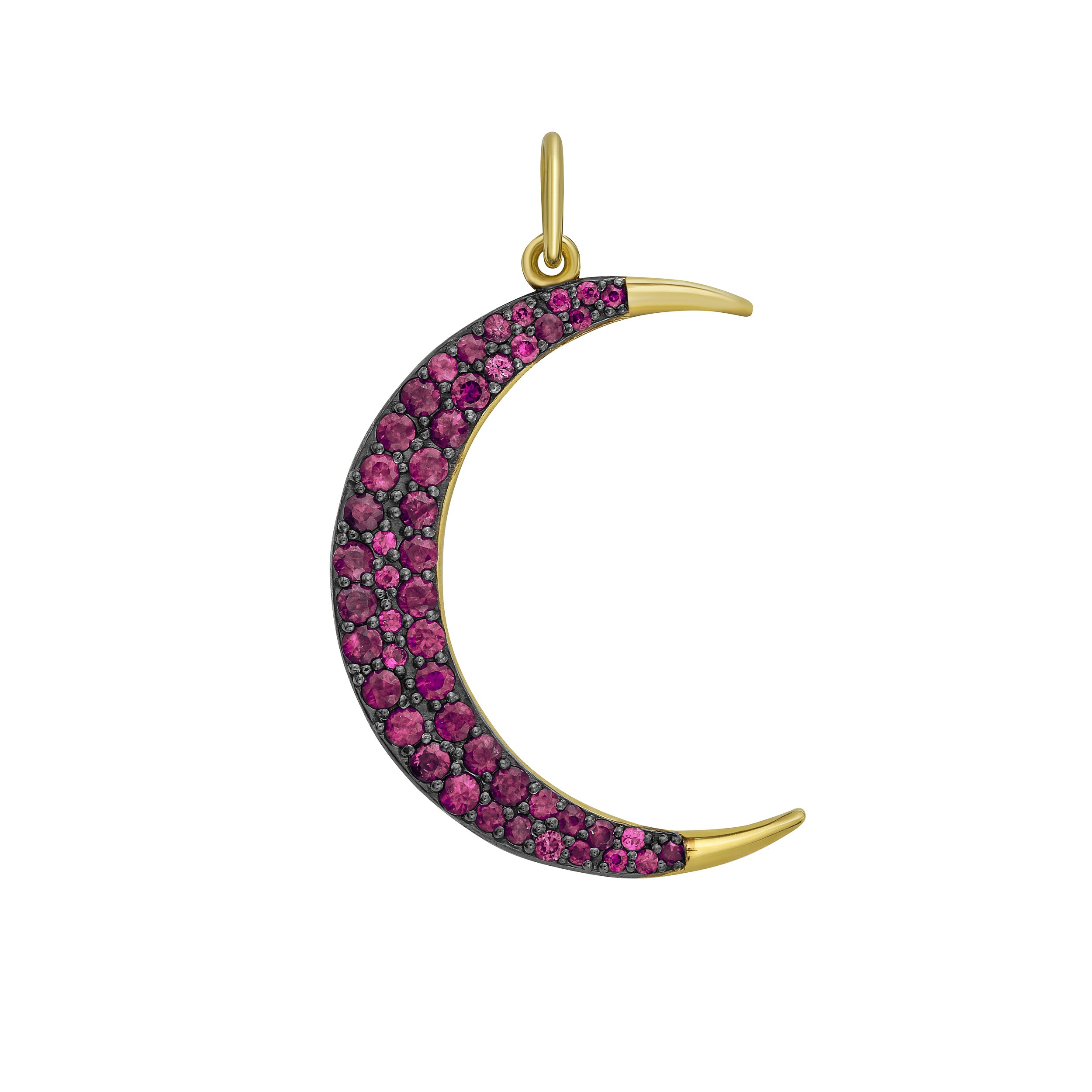 14K gold crescent moon charm with pavé-set rubies and black rhodium