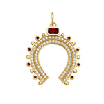 Gold horseshoe-shaped charm with gemstones and diamonds on a white background