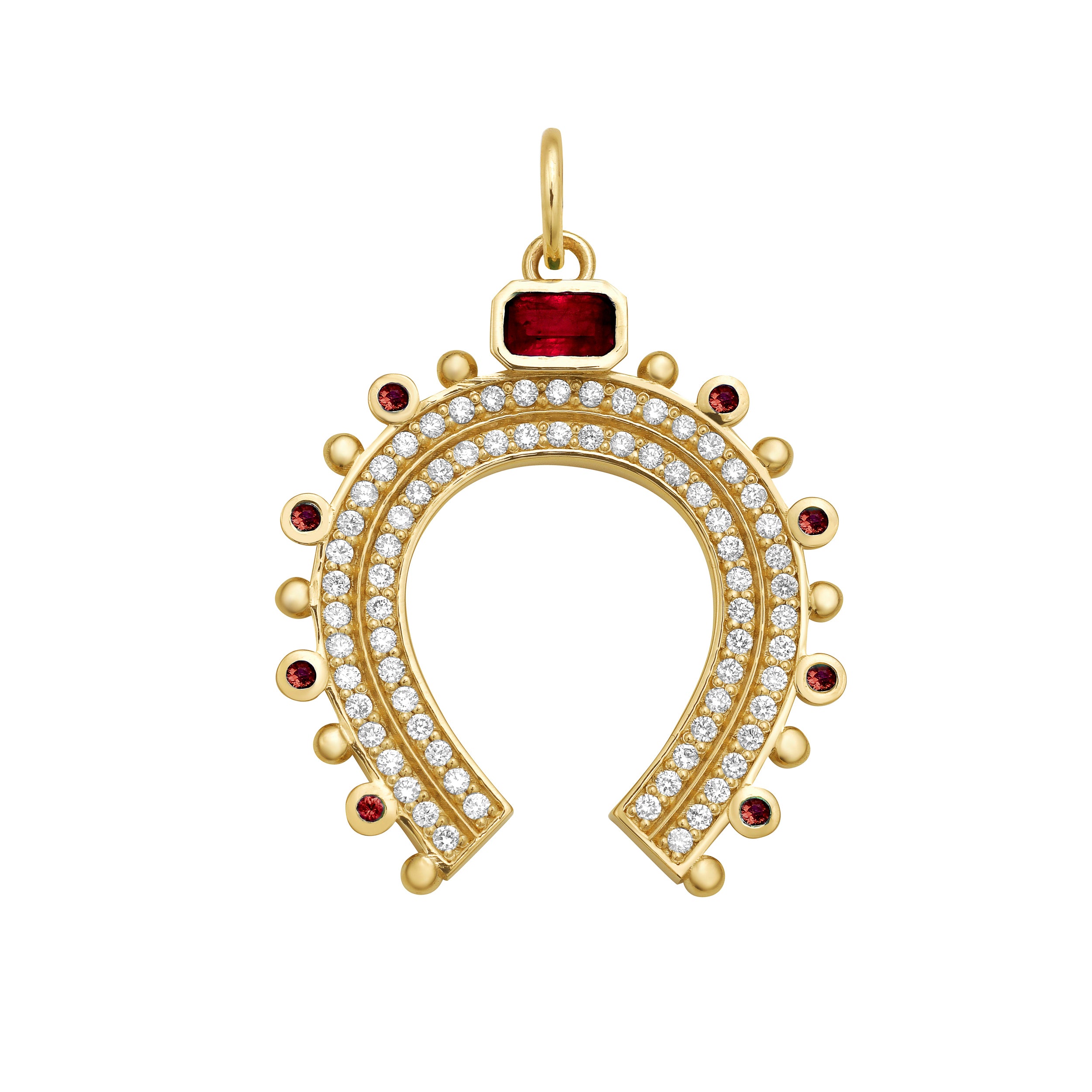 Gold horseshoe-shaped charm with gemstones and diamonds on a white background