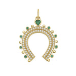Gold horseshoe-shaped charm with gemstones and diamonds on a white background