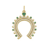 Gold horseshoe-shaped charm with gemstones and diamonds on a white background