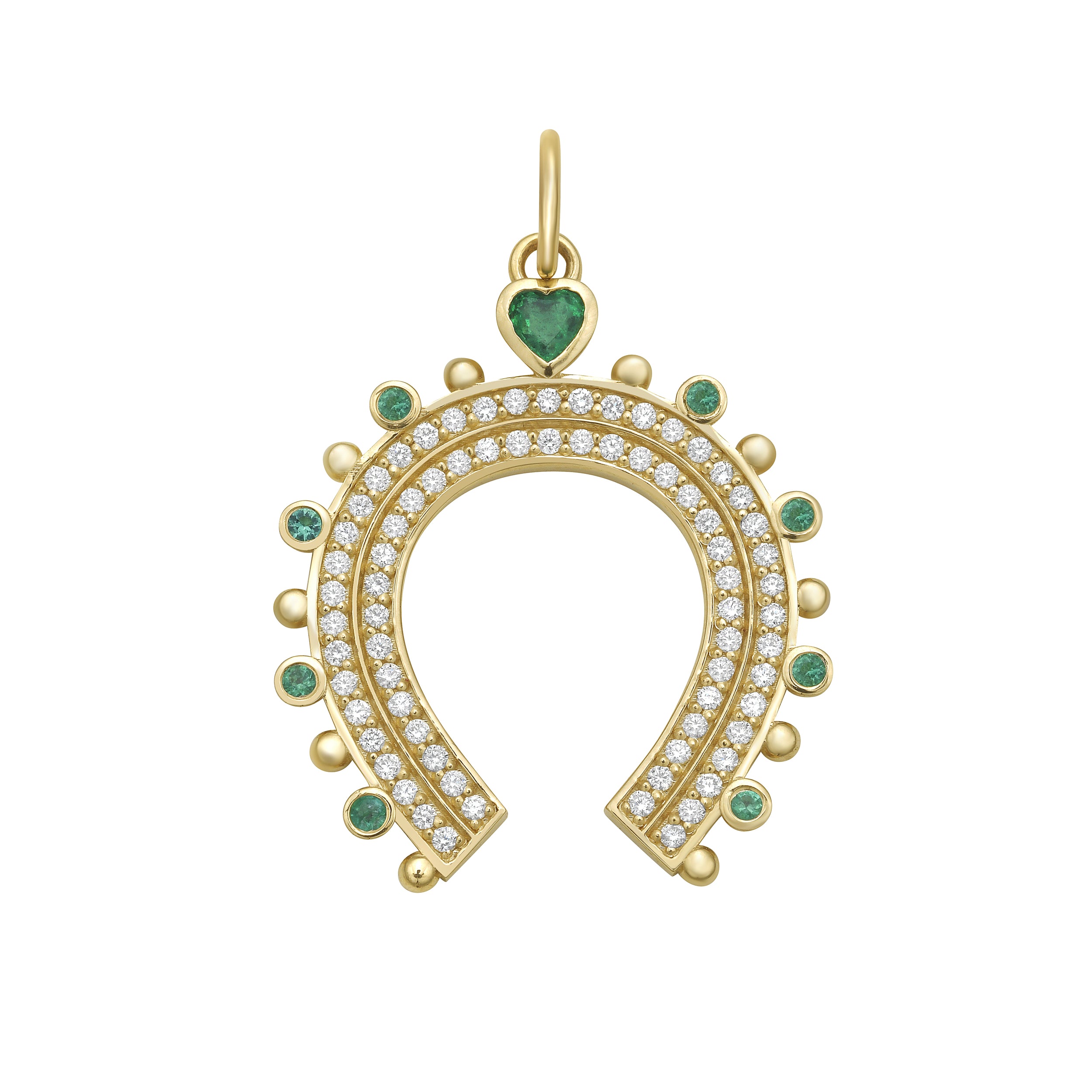 Gold horseshoe-shaped charm with gemstones and diamonds on a white background
