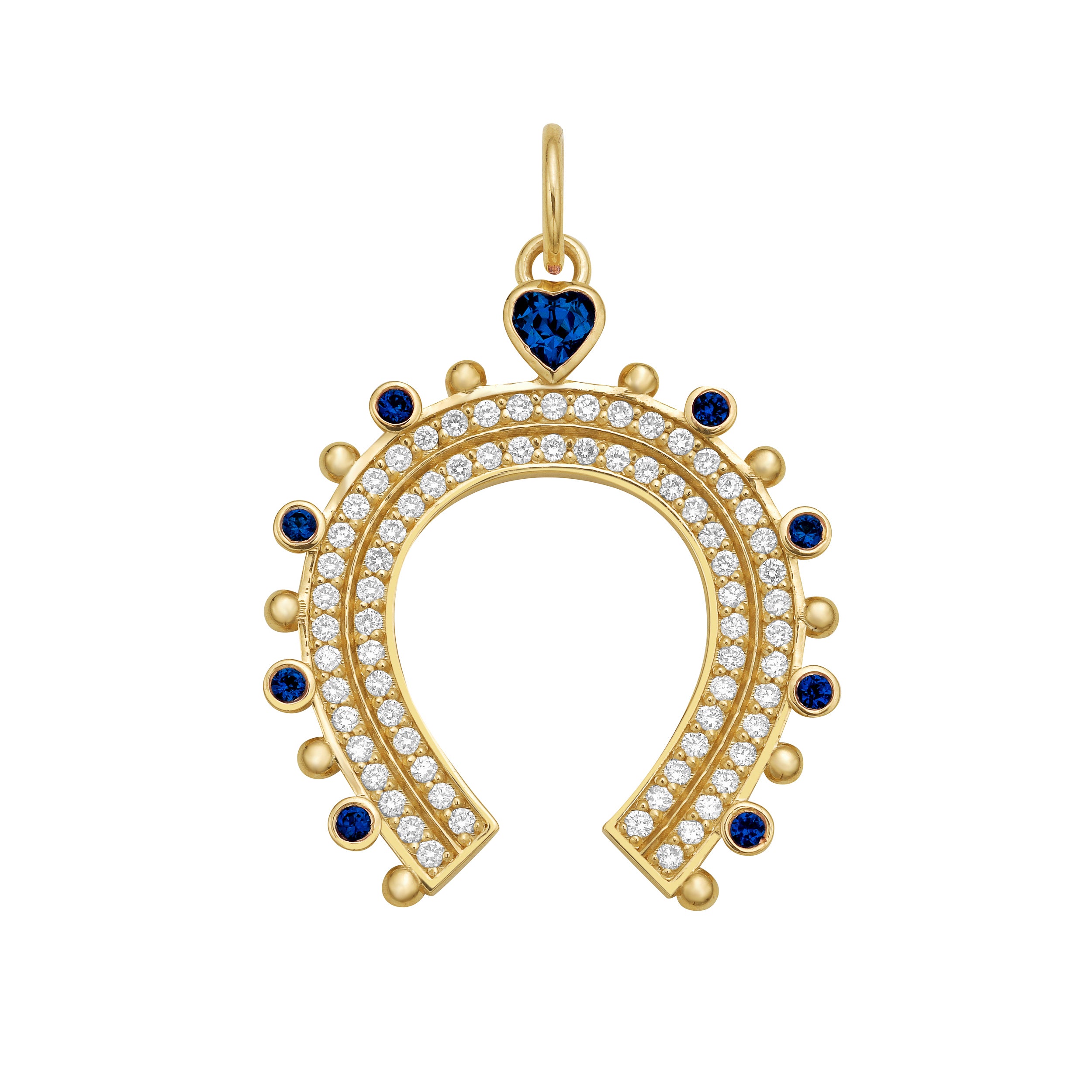 Gold horseshoe-shaped charm with gemstones and diamonds on a white background