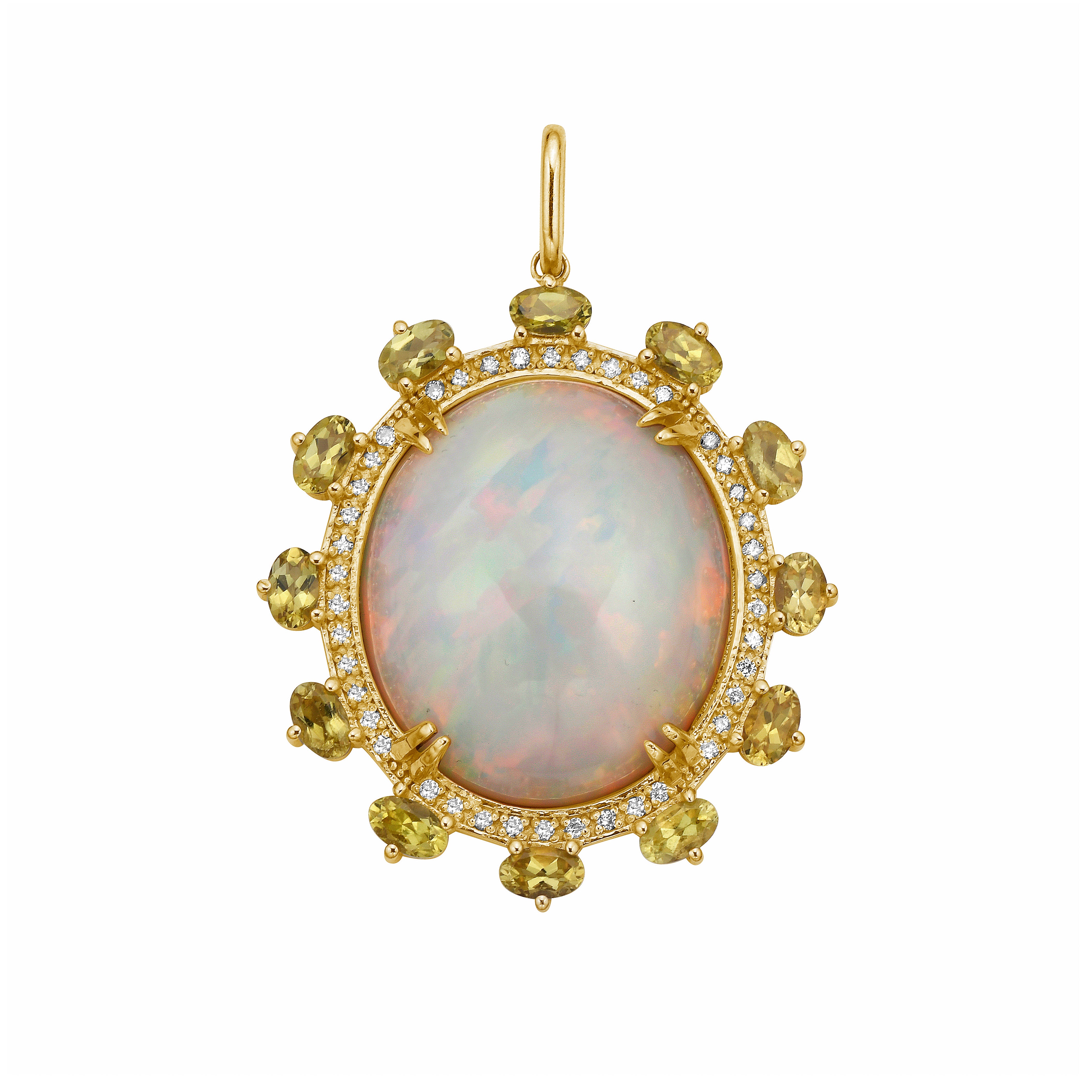 A round opal pendant with a yellow tourmaline and diamond border, set in 14-karat yellow gold.