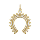 Gold horseshoe-shaped charm with gemstones and diamonds on a white background