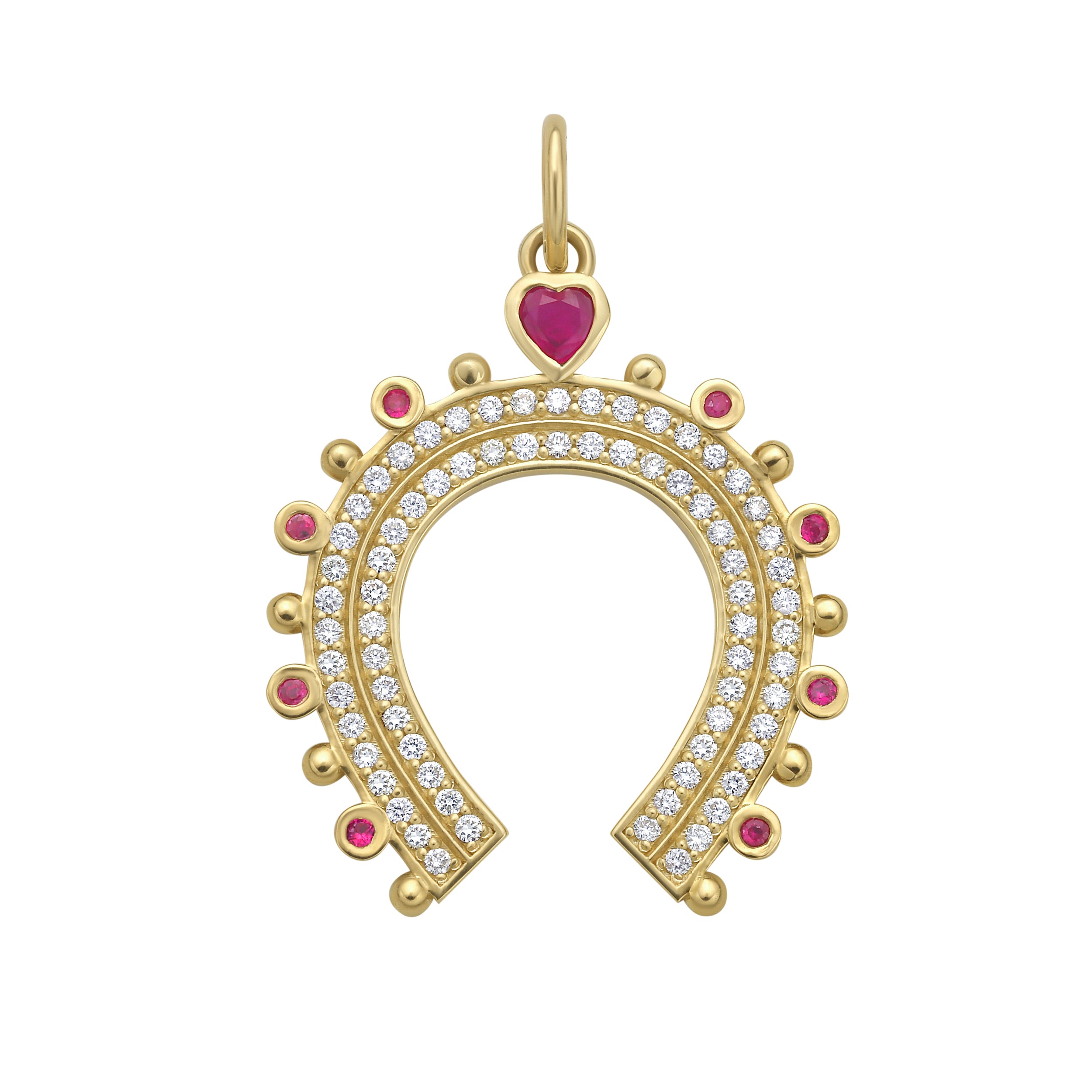 Gold horseshoe-shaped charm with gemstones and diamonds on a white background