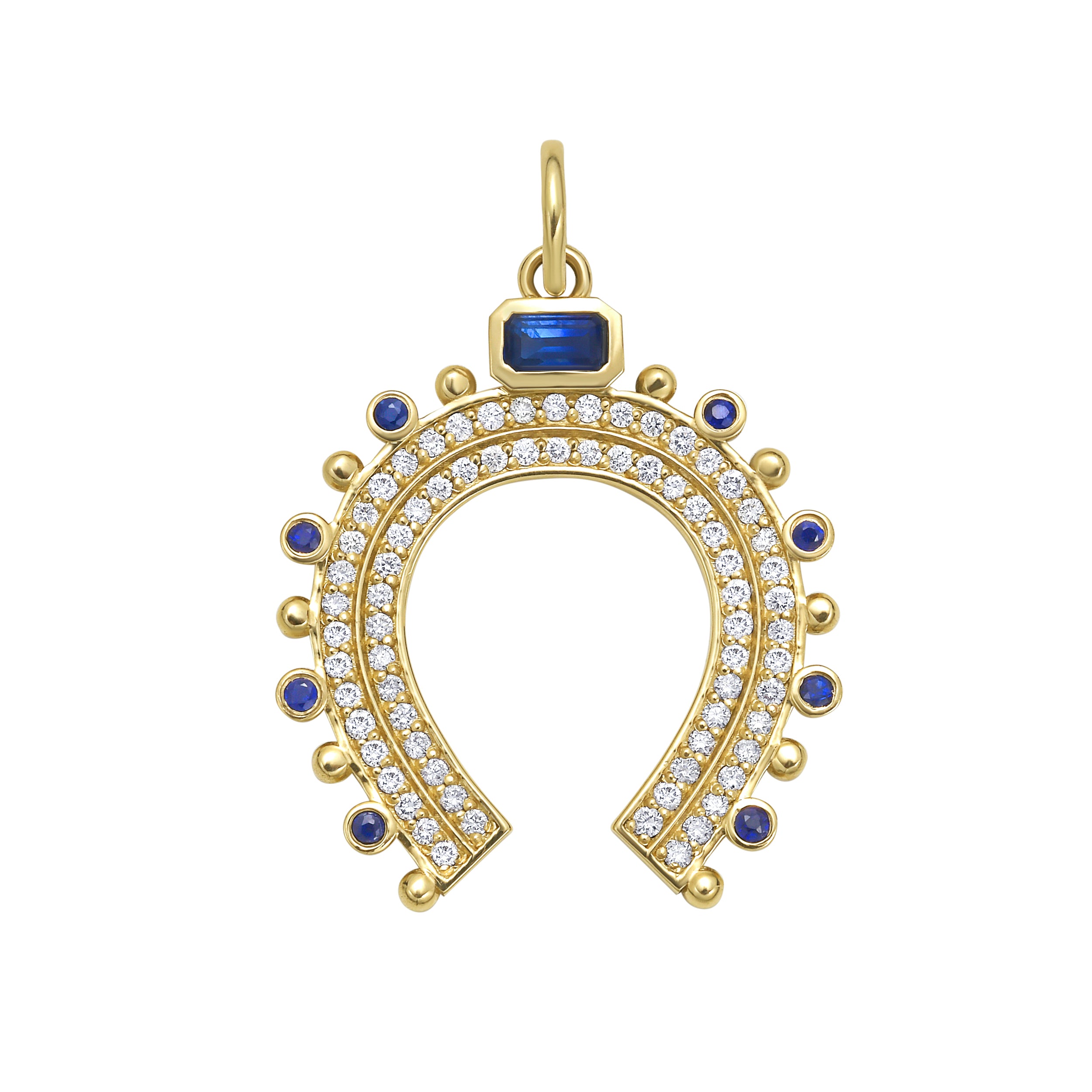 Gold horseshoe-shaped charm with gemstones and diamonds on a white background
