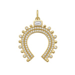 Gold horseshoe-shaped charm with gemstones and diamonds on a white background