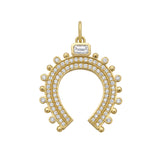 Gold horseshoe-shaped charm with gemstones and diamonds on a white background