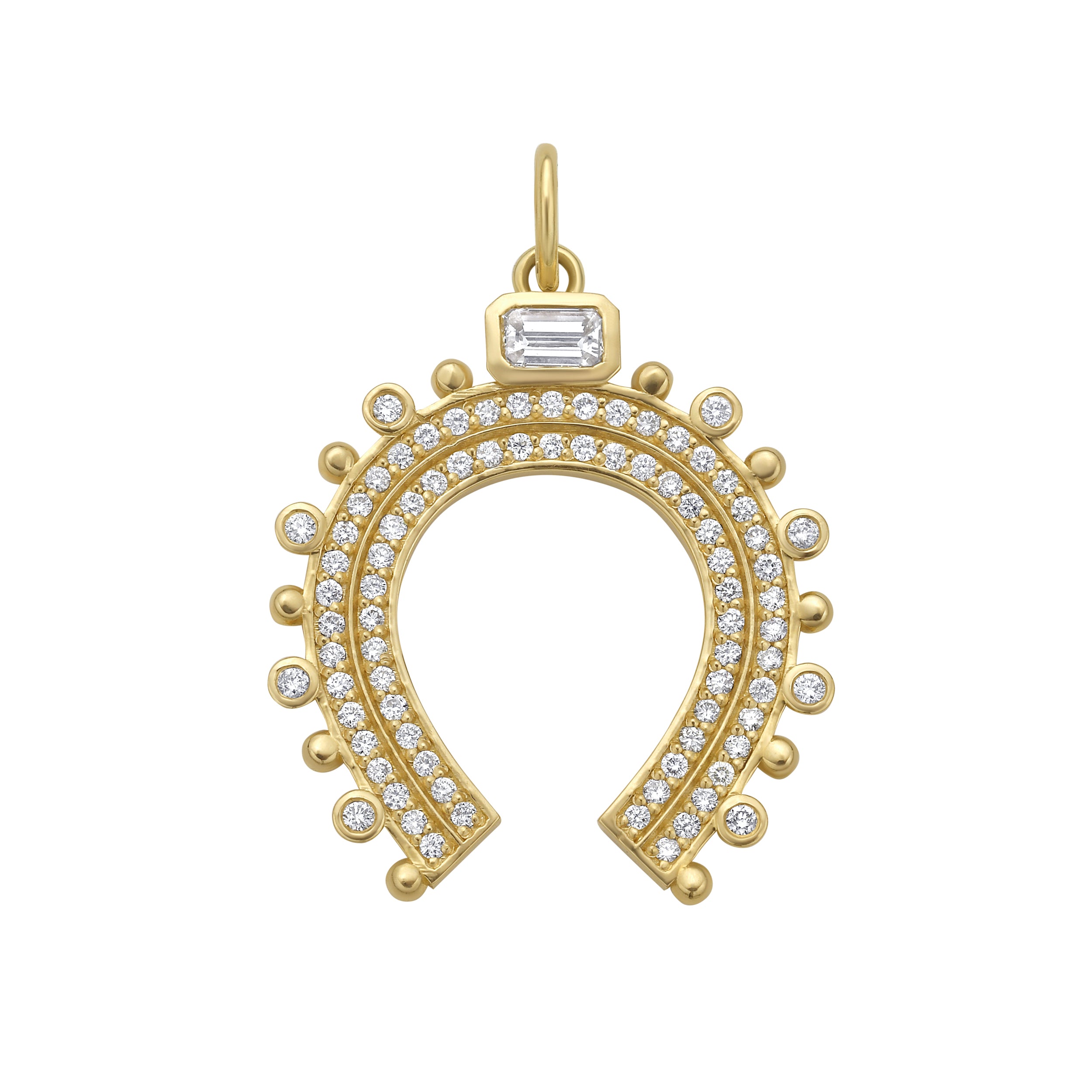 Gold horseshoe-shaped charm with gemstones and diamonds on a white background