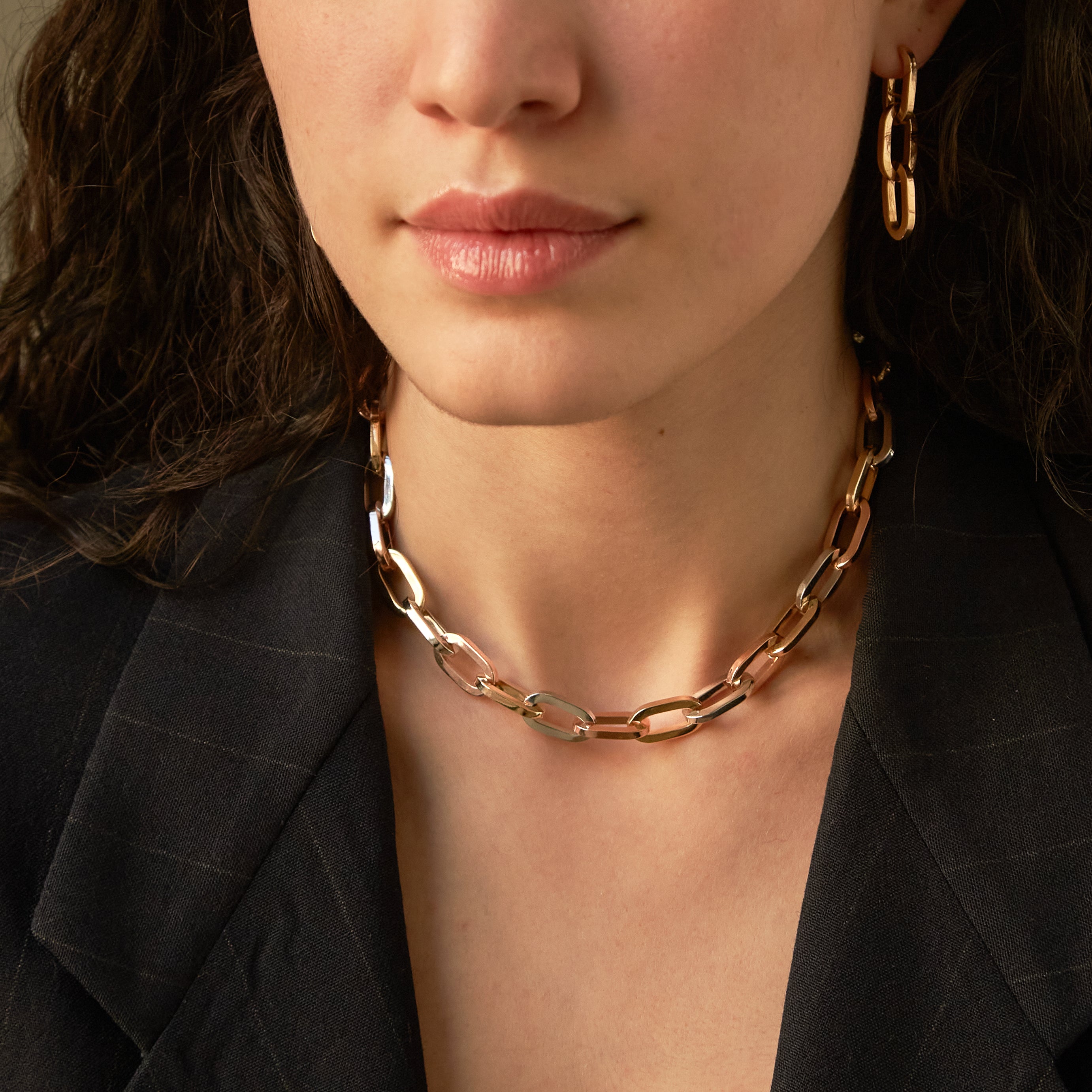 Tri color gold shiny paperclip chain necklace
