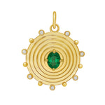 Lionheart Aurelia emerald charm in 14K gold with diamond bead border — a modern heirloom medallion