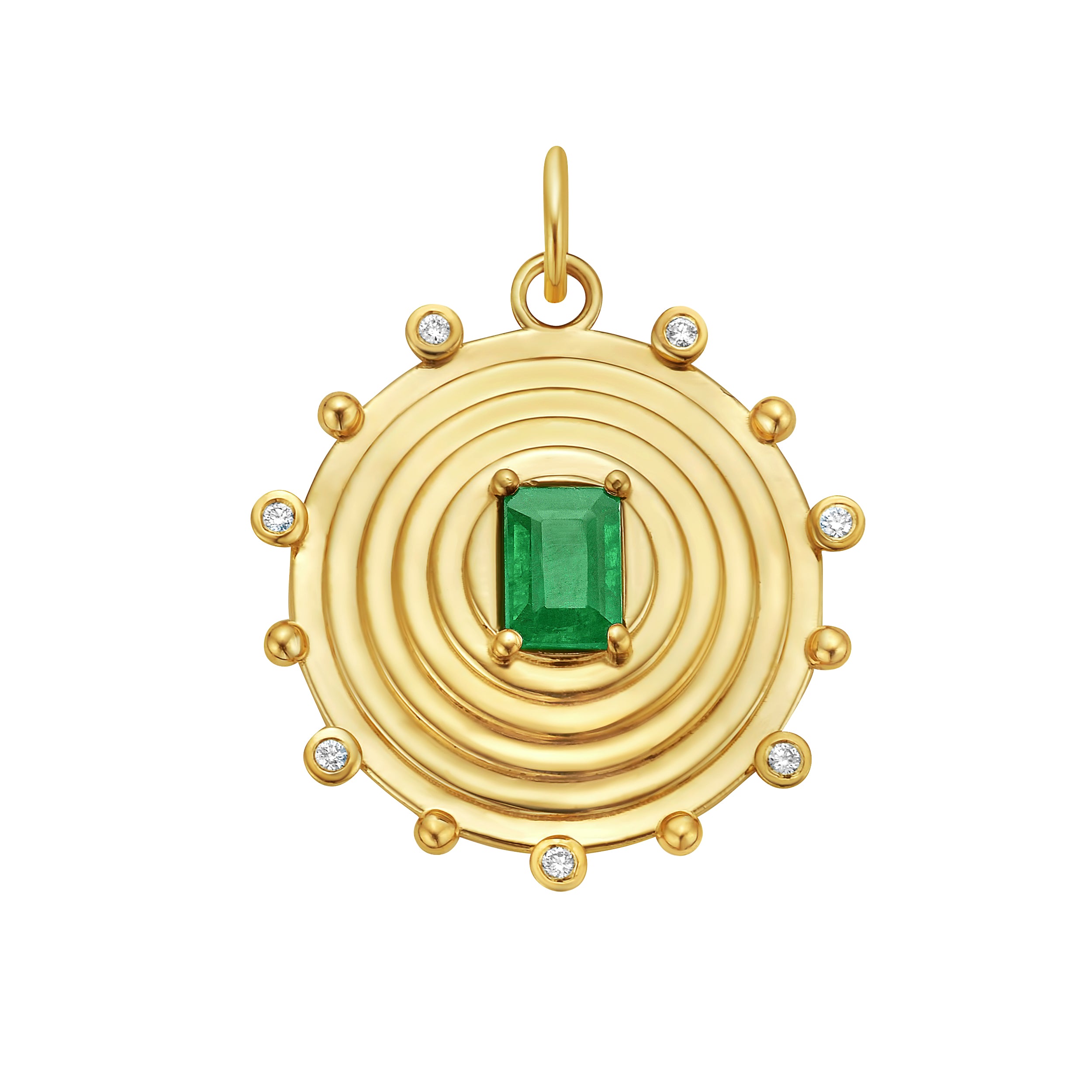 Lionheart Aurelia emerald charm in 14K gold with diamond border— modern heirloom medallion