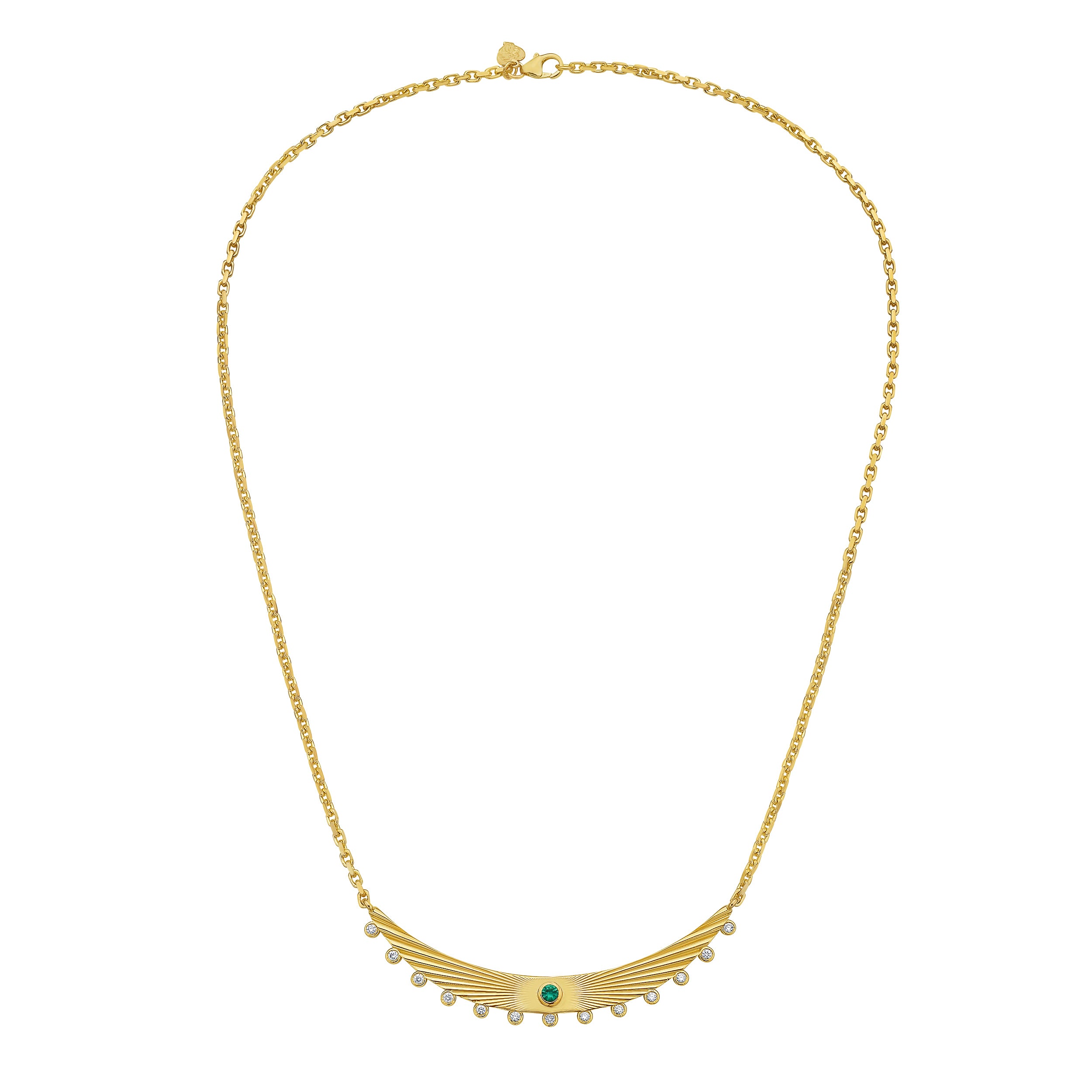 Lionheart Aurelia emerald fluted bar necklace in 14K gold with emerald and diamonds — perfect layering necklace