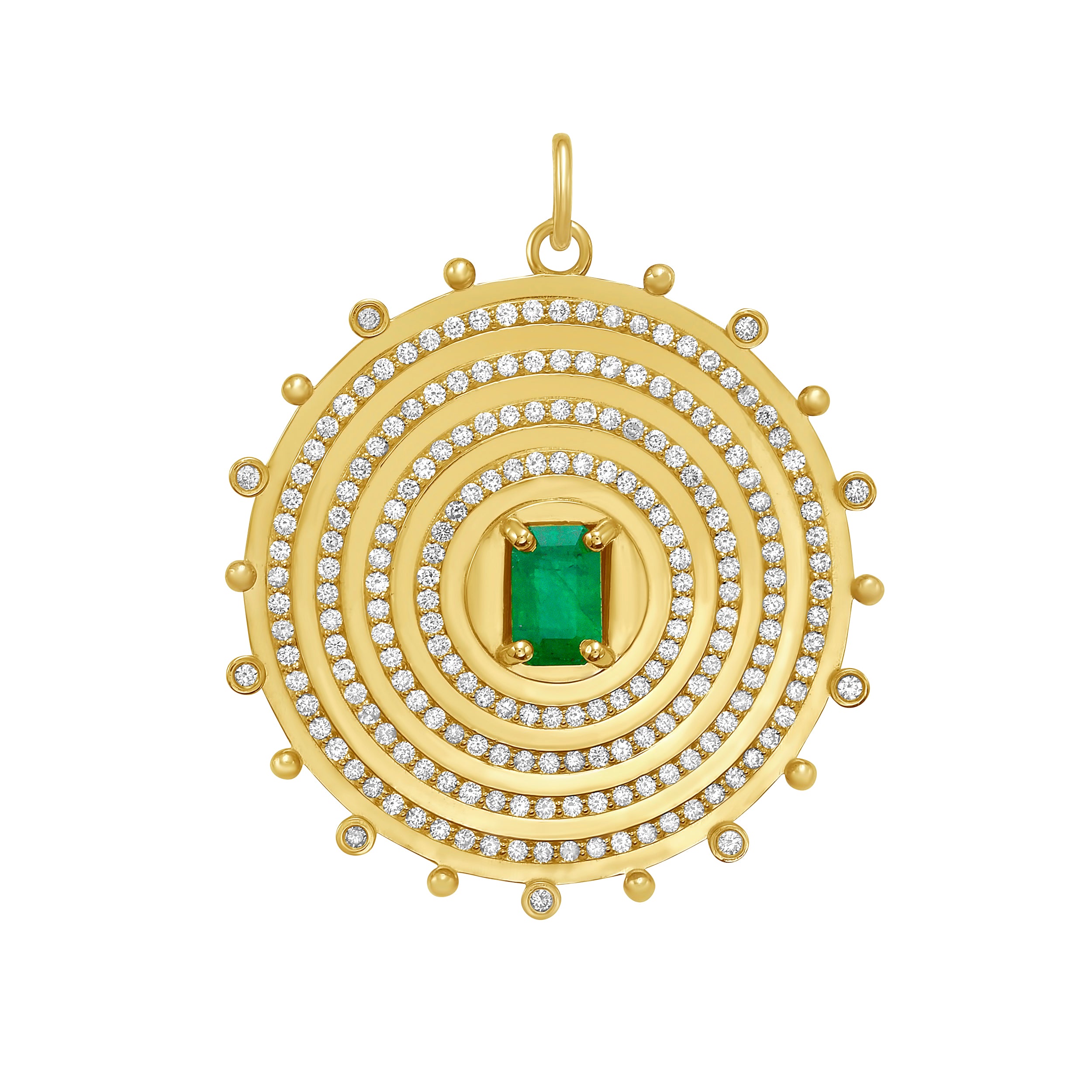 Lionheart Aurelia emerald charm in 14K gold with diamond bead border — a modern heirloom medallion