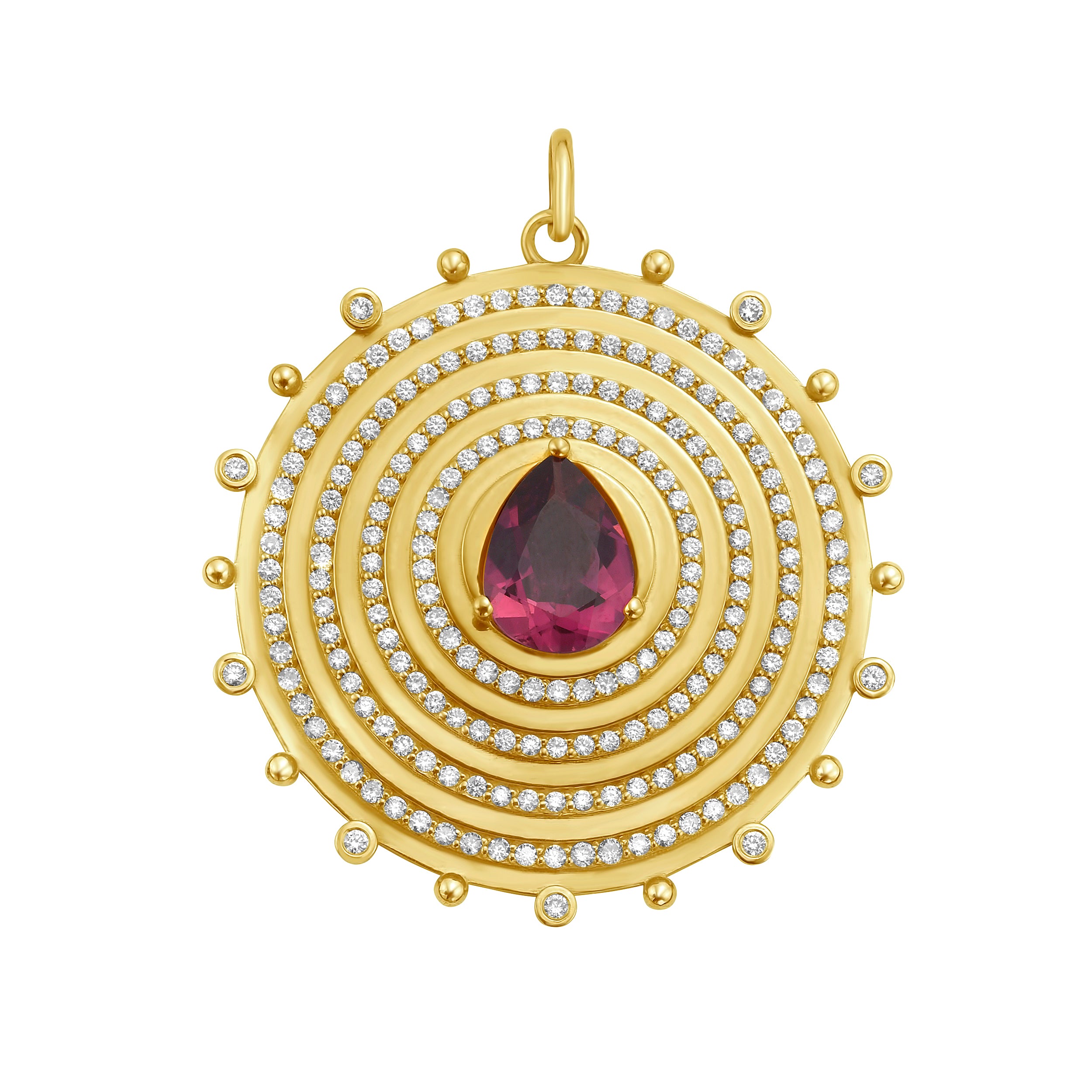 Aurelia pink tourmaline charm by Lionheart — fluted 14K gold medallion with diamond bead halo, crafted as a modern heirloom