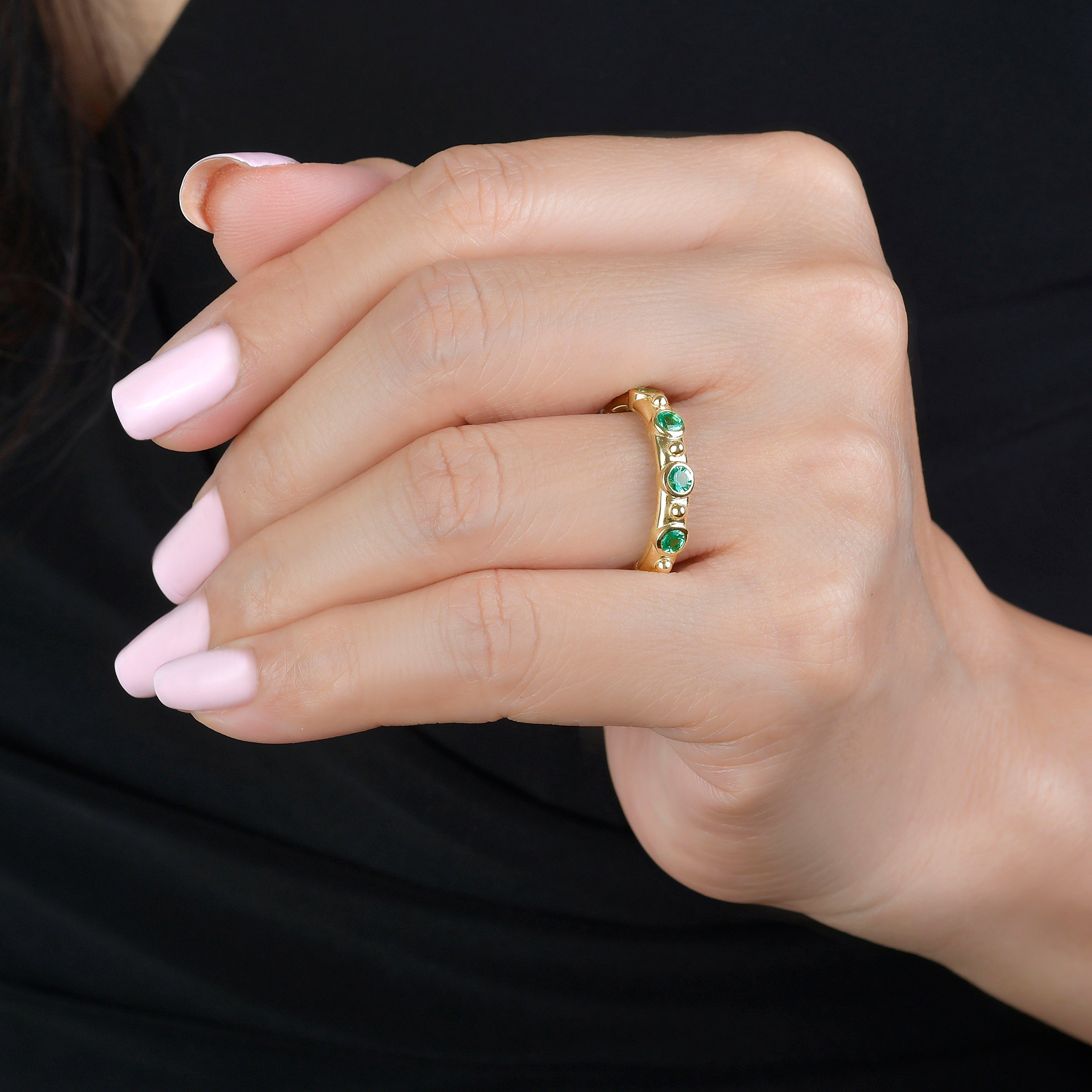 Lionheart Aurelia 14K gold stackable ring with emeralds — luxury gemstone band for layering