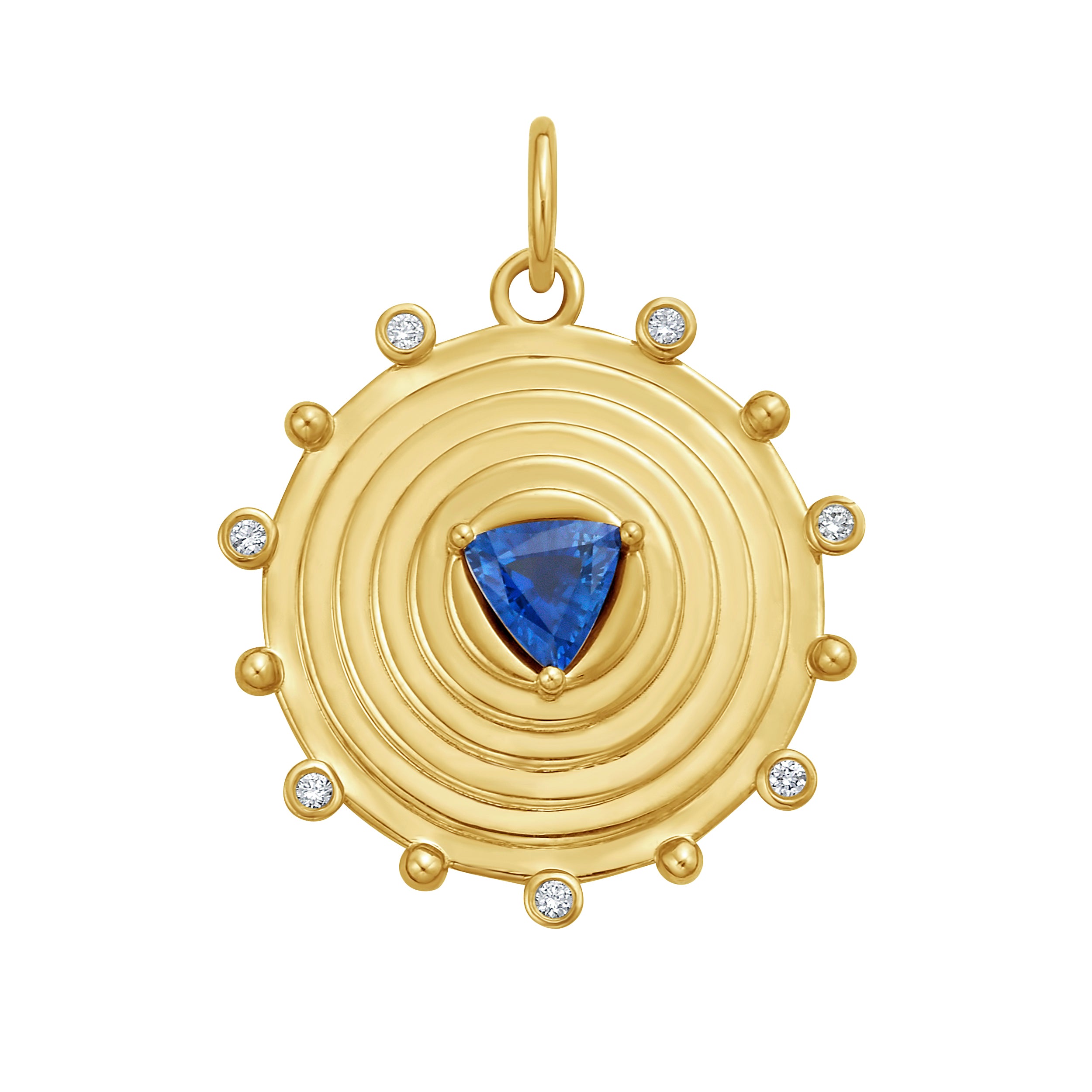 Lionheart Aurelia sapphire charm in 14K gold with diamond bead border — a modern heirloom medallion