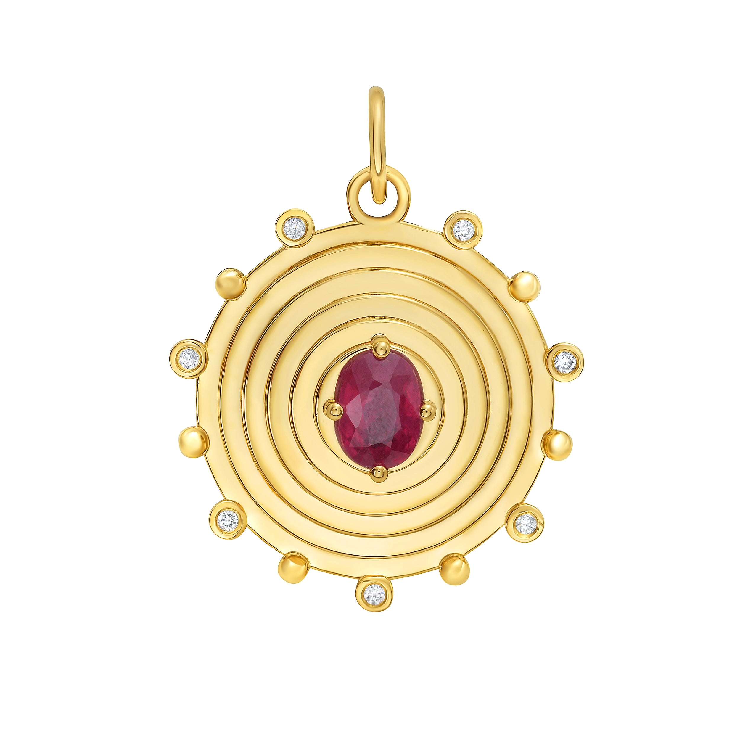 Lionheart Aurelia ruby charm in 14K gold with diamond bead border — a modern heirloom medallion