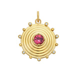 Lionheart Aurelia tourmaline charm in 14K gold with diamond bead border — a modern heirloom medallion