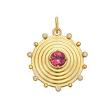 Lionheart Aurelia tourmaline charm in 14K gold with diamond bead border — a modern heirloom medallion