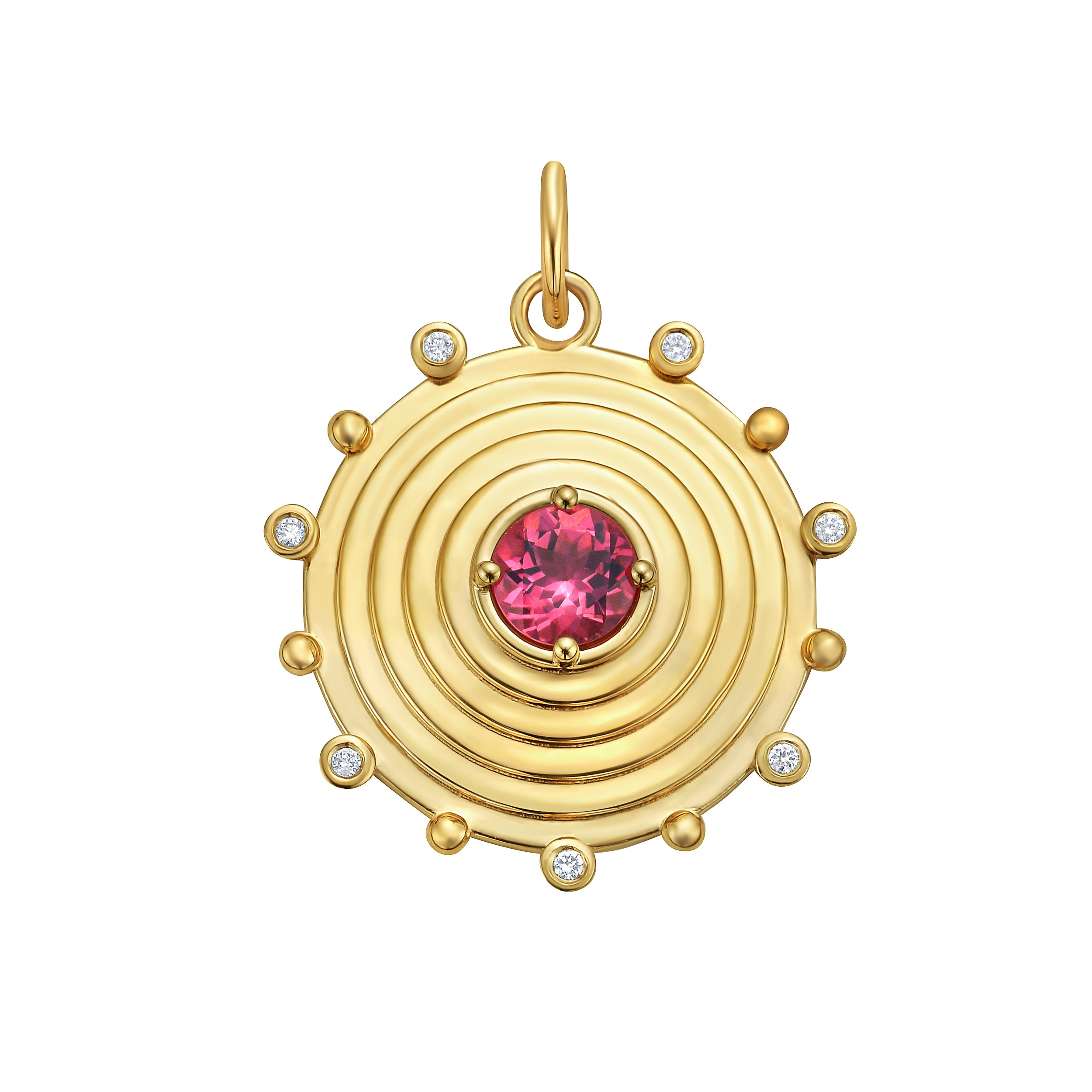 Lionheart Aurelia tourmaline charm in 14K gold with diamond bead border — a modern heirloom medallion