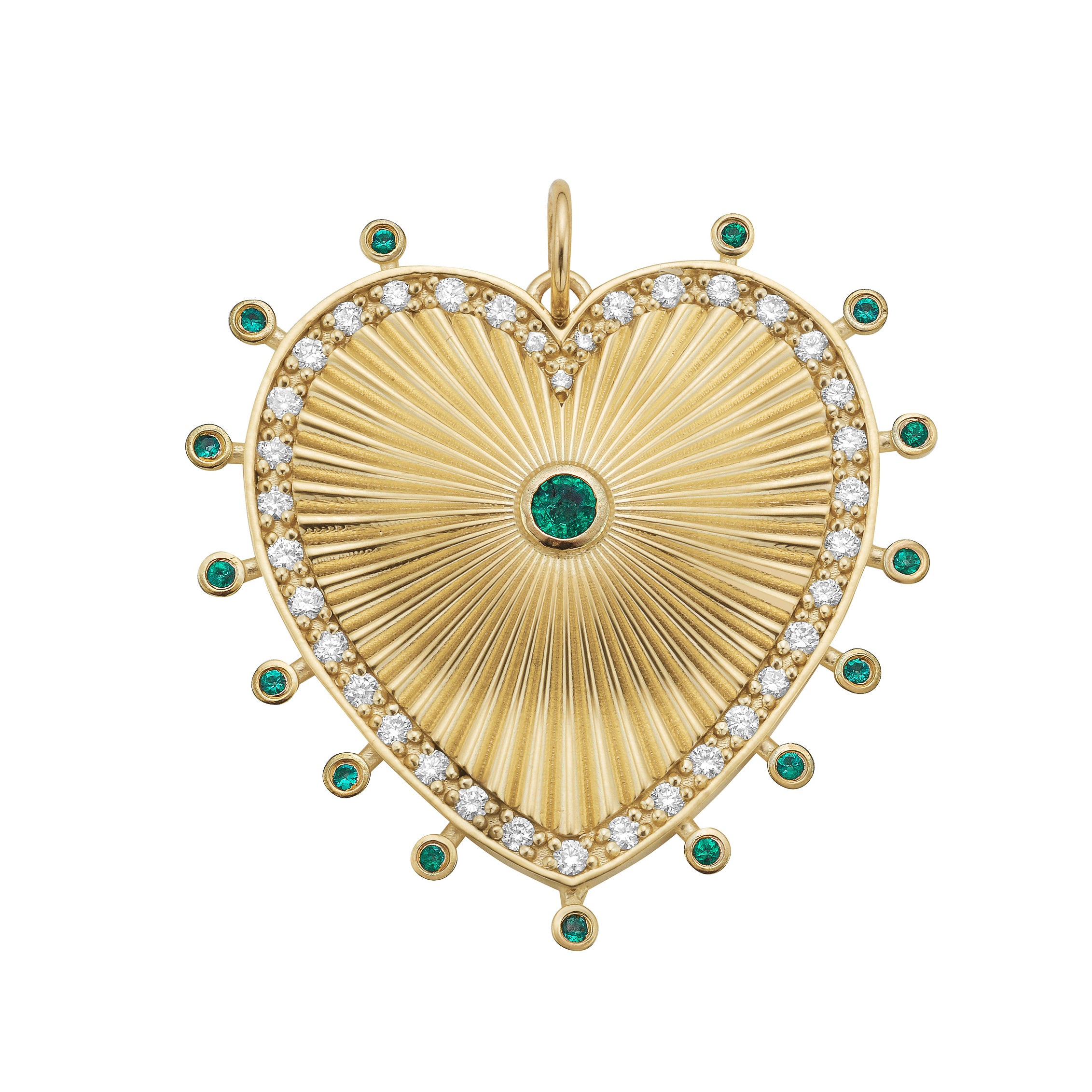 Lionheart Cassandane mega emerald and diamond heart medallion in 14K gold with full emerald border — vintage heirloom charm