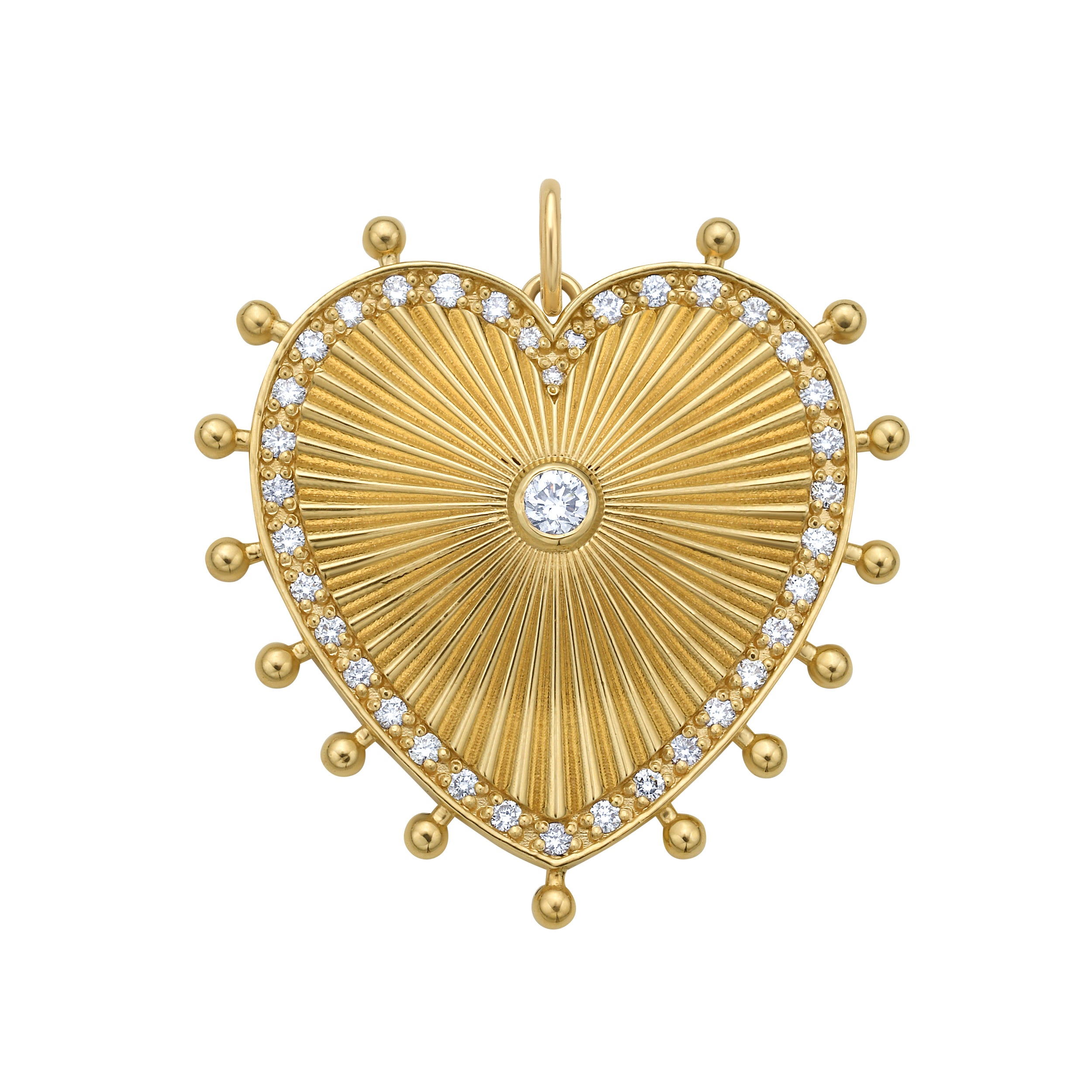 Cassandane Mega Heart Medallion by Lionheart – fluted 14K gold heart with pavé diamond border, a timeless heirloom of love and strength