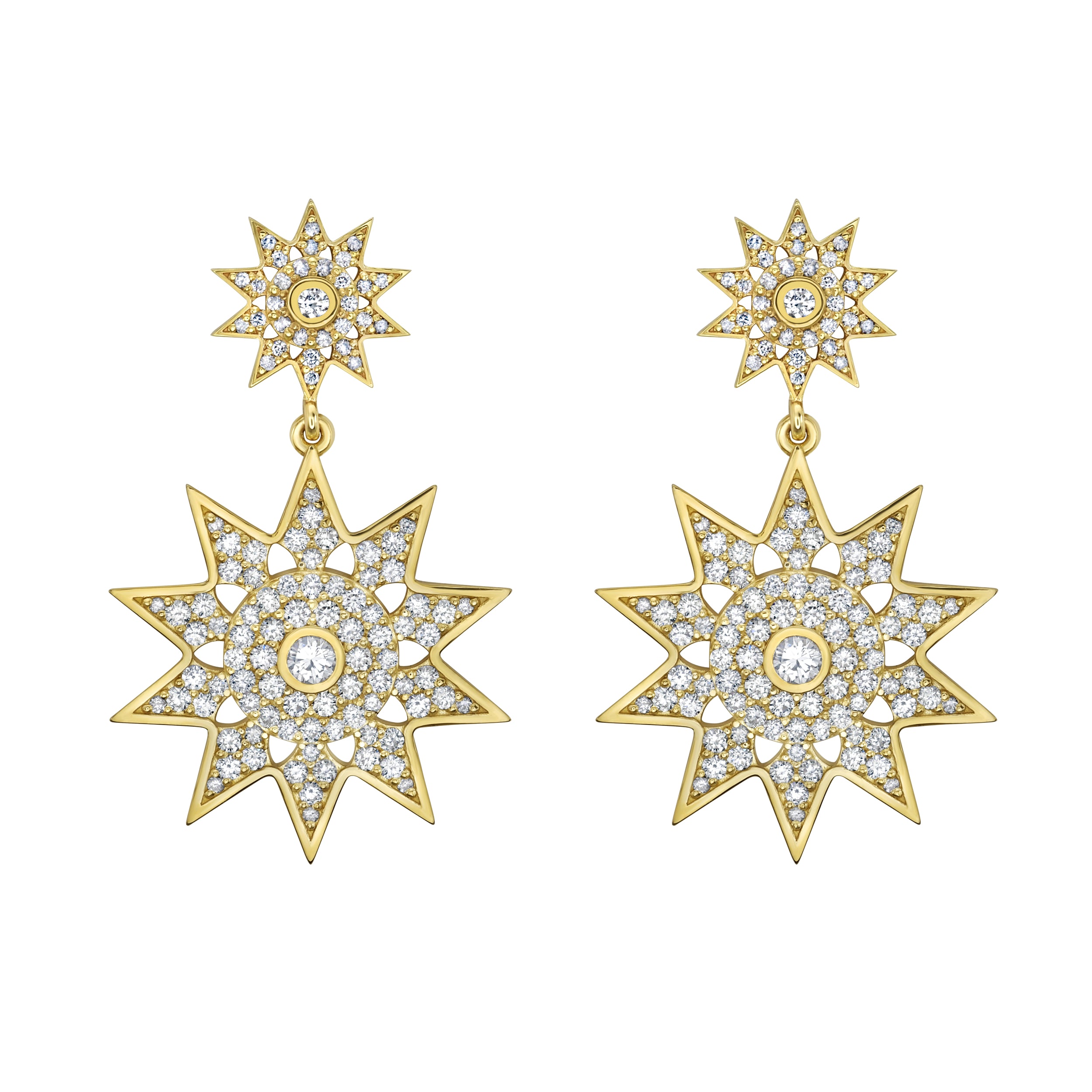 Lionheart Lumière  jumbo diamond star dangle earrings in 14K gold — luminous celestial drops inspired by Victorian star motifs