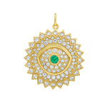 Lionheart Soraya emerald evil eye medallion in 14K gold with emerald center and full diamonds — protective talisman pendant