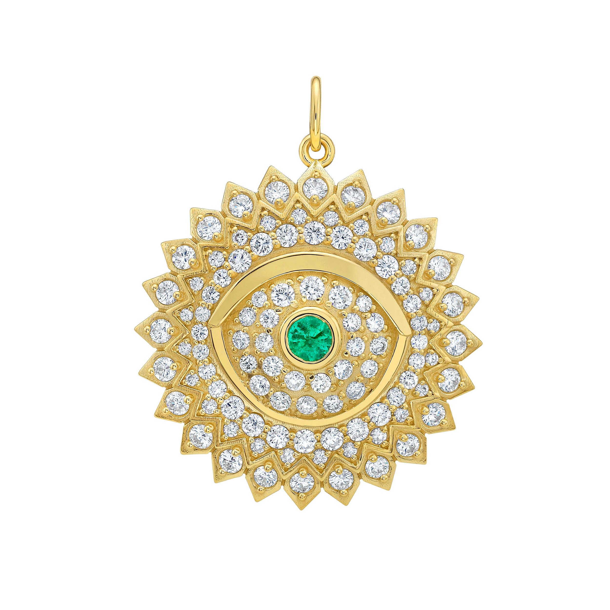 Lionheart Soraya emerald evil eye medallion in 14K gold with emerald center and full diamonds — protective talisman pendant