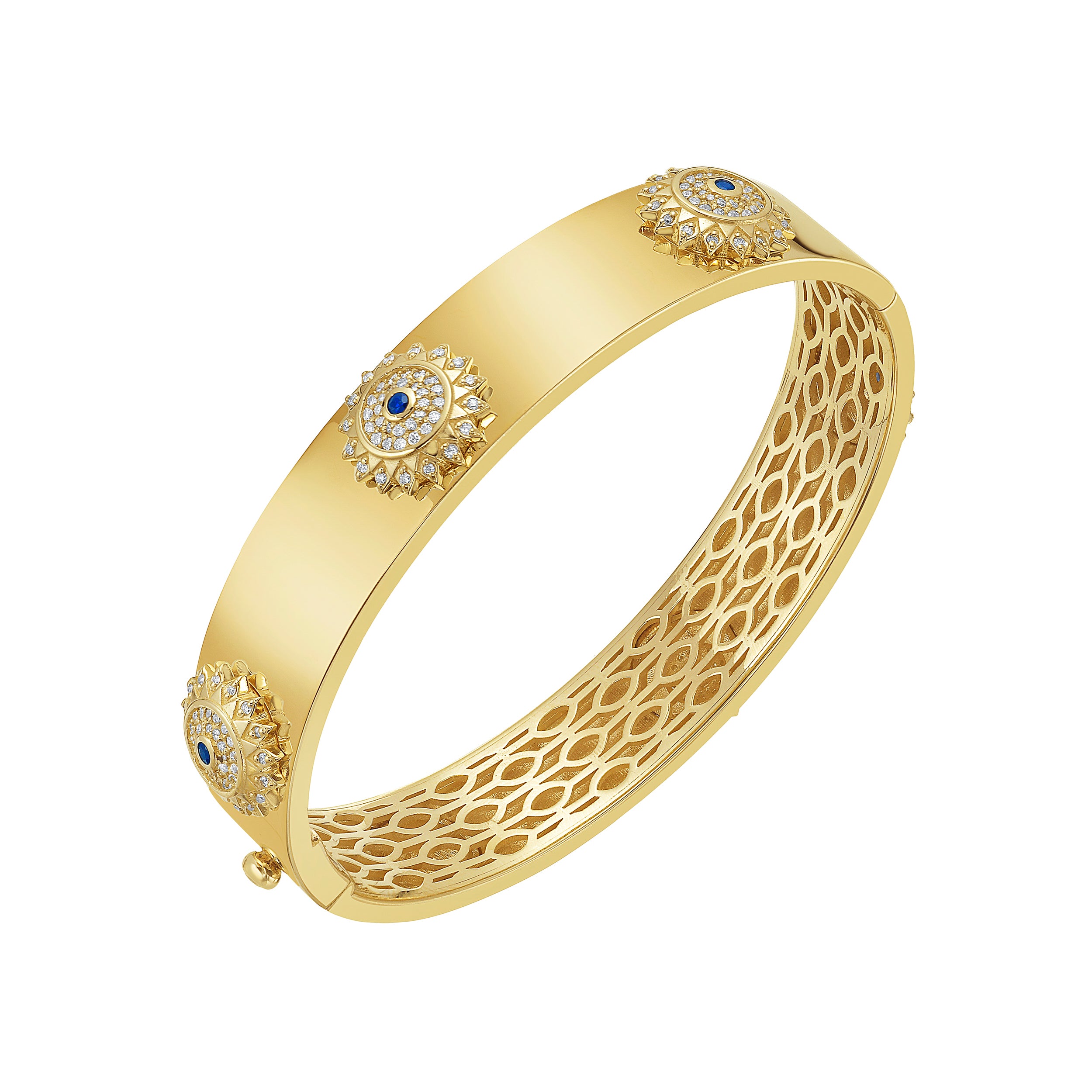 Lionheart Soraya evil eye diamond bangle in 14K gold with sapphire center and full diamond halo — protective cuff bracelet