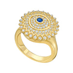 Lionheart Soraya evil eye diamond signet ring in 14K gold with full diamonds and sapphire— protective statement ring