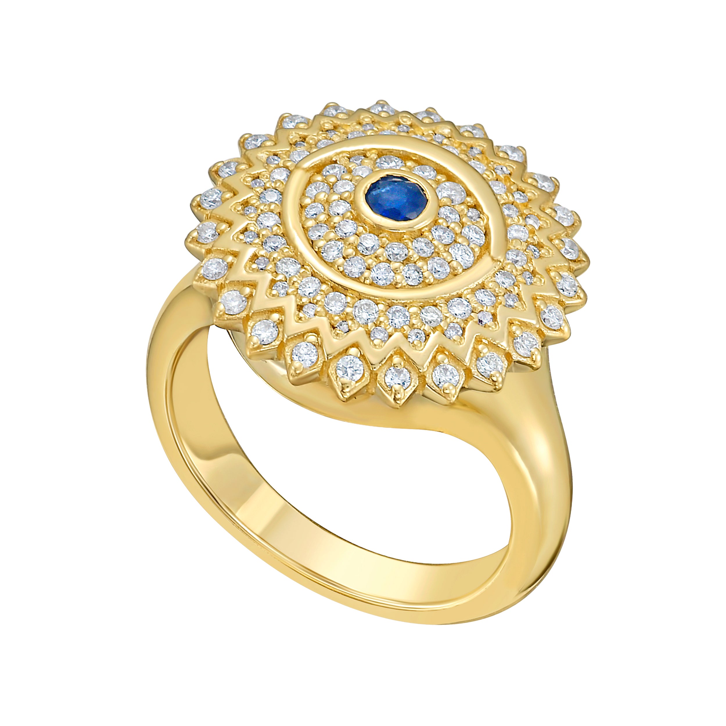 Lionheart Soraya evil eye diamond signet ring in 14K gold with full diamonds and sapphire— protective statement ring