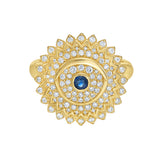 Lionheart Soraya evil eye diamond signet ring in 14K gold with full diamonds and sapphire— protective statement ring