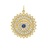 Lionheart Soraya sapphire evil eye medallion in 14K gold with sapphire center and diamonds — protective heirloom pendant