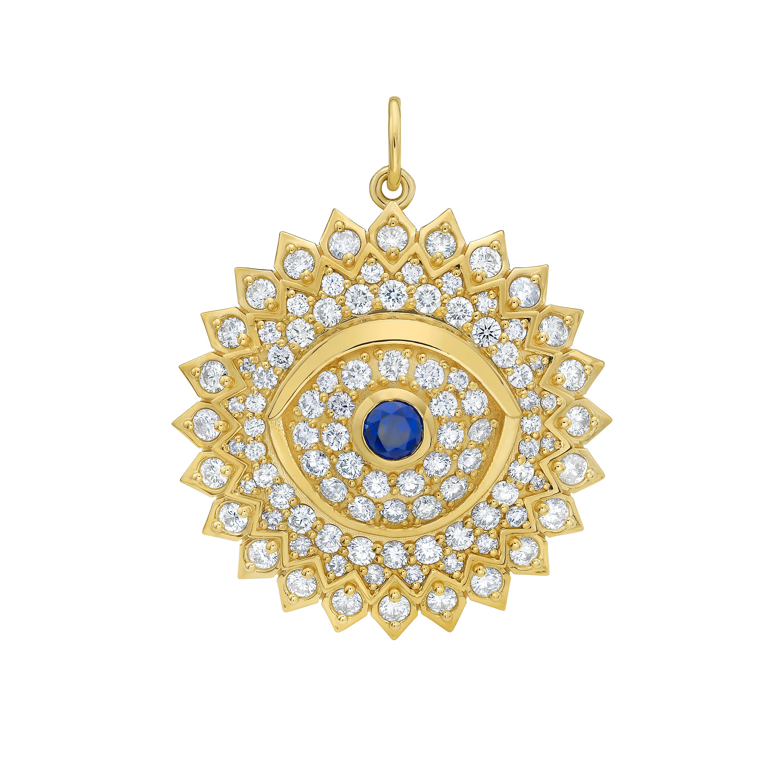 Lionheart Soraya sapphire evil eye medallion in 14K gold with sapphire center and diamonds — protective heirloom pendant