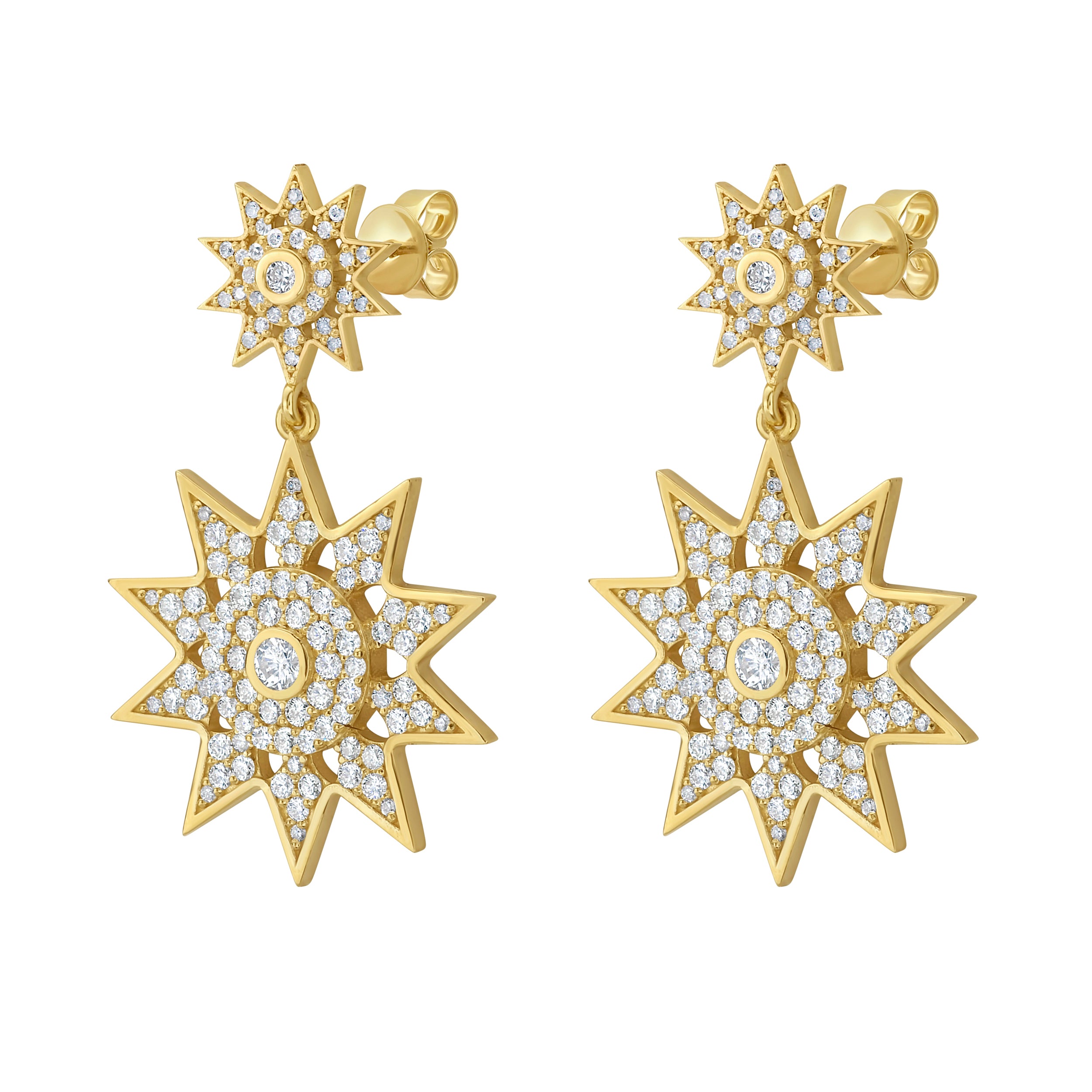 Lionheart Lumière jumbo diamond star dangle earrings in 14K gold — dramatic celestial drops inspired by Victorian star motif