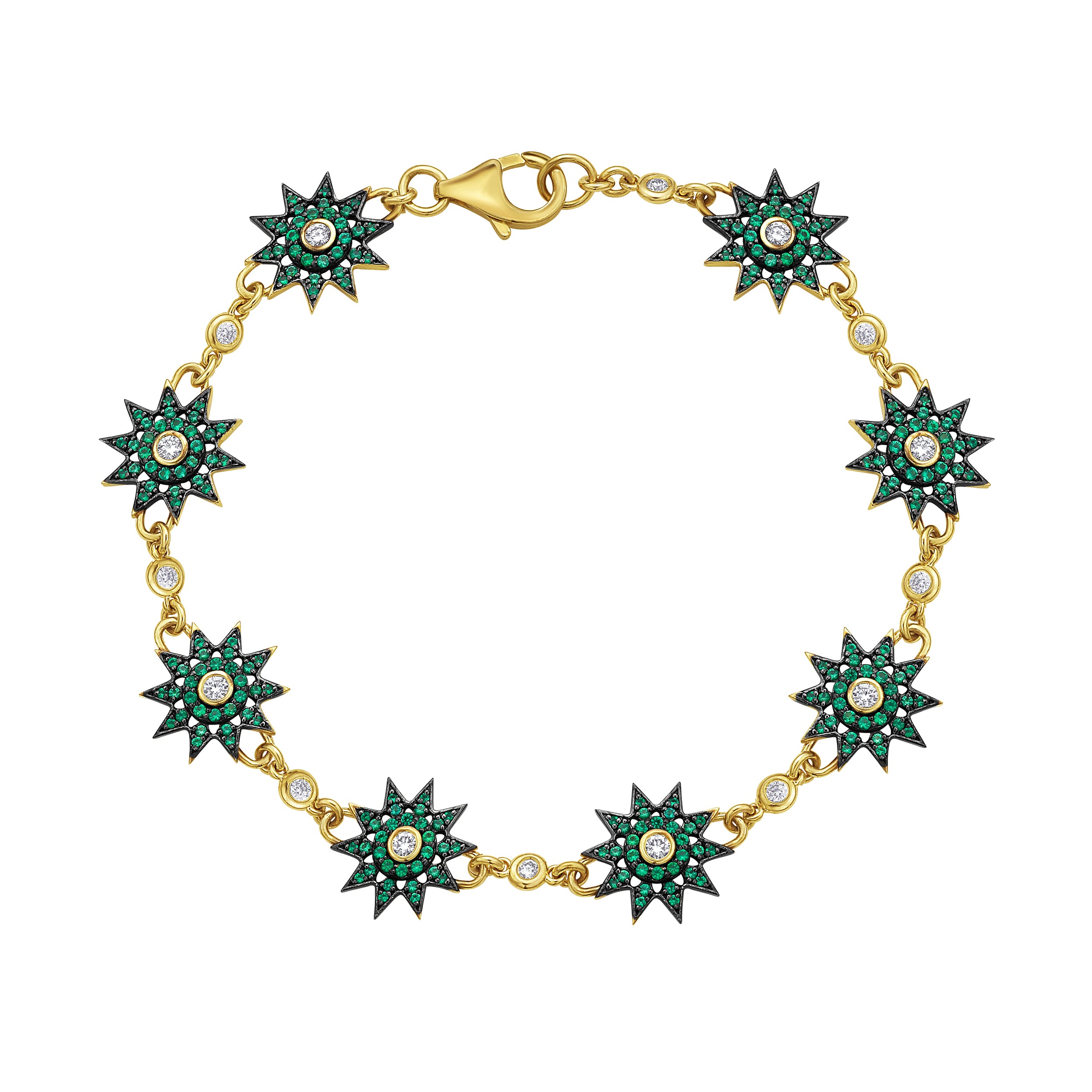 Lumiere gold star charm bracelet featuring diamonds and emeralds by Lionheart Jewelry
