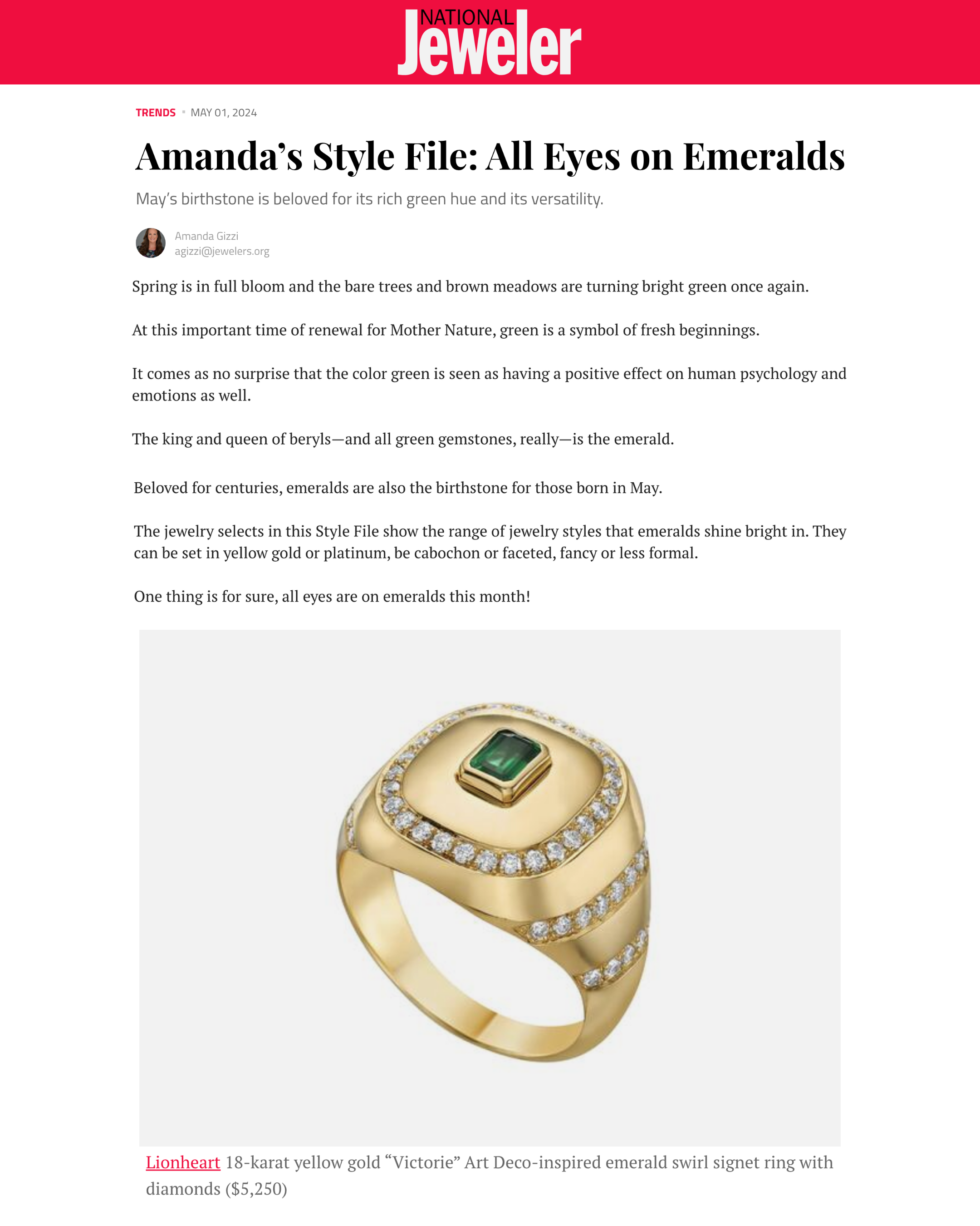 Amanda’s Style File: All Eyes on Emeralds May’s birthstone is beloved for its rich green hue and its versatility.