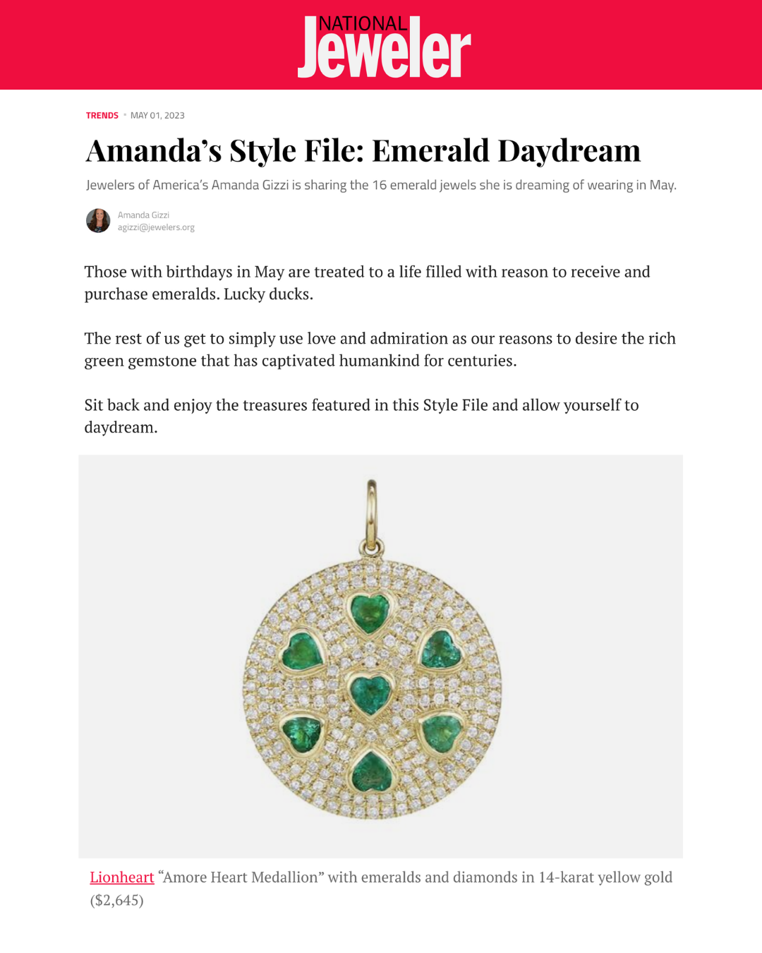 Amanda’s Style File: Emerald Daydream Jewelers of America’s Amanda Gizzi is sharing the 16 emerald jewels she is dreaming of wearing in May.