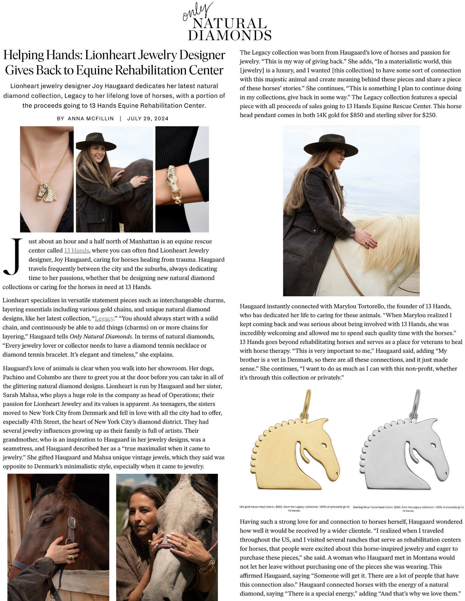 Only Natural Diamonds: Helping Hands: Lionheart Jewelry Designer Gives Back to Equine Rehabilitation Center